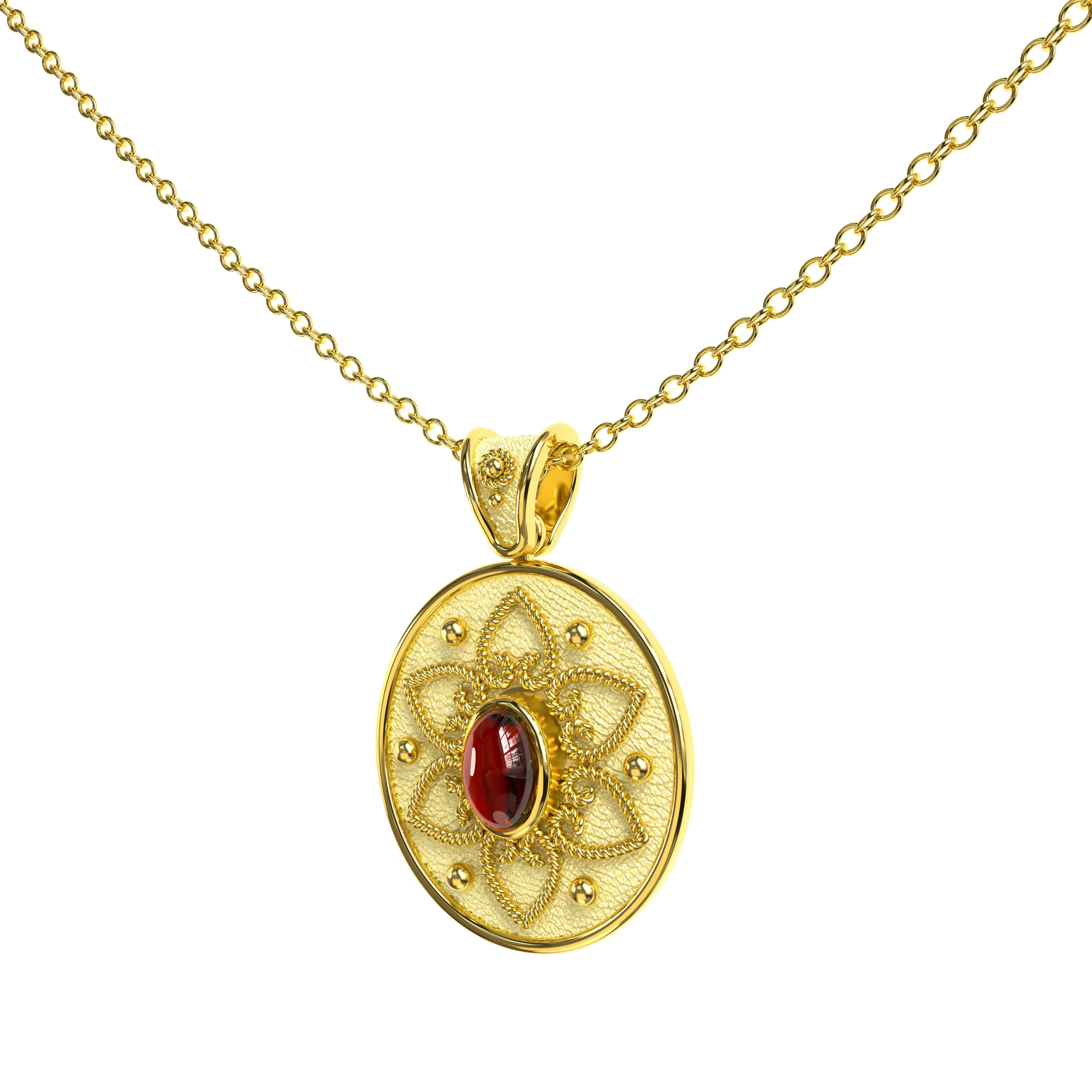 Byzantine Gold Oval Pendant with Garnet and Hearts Odysseus Jewelry