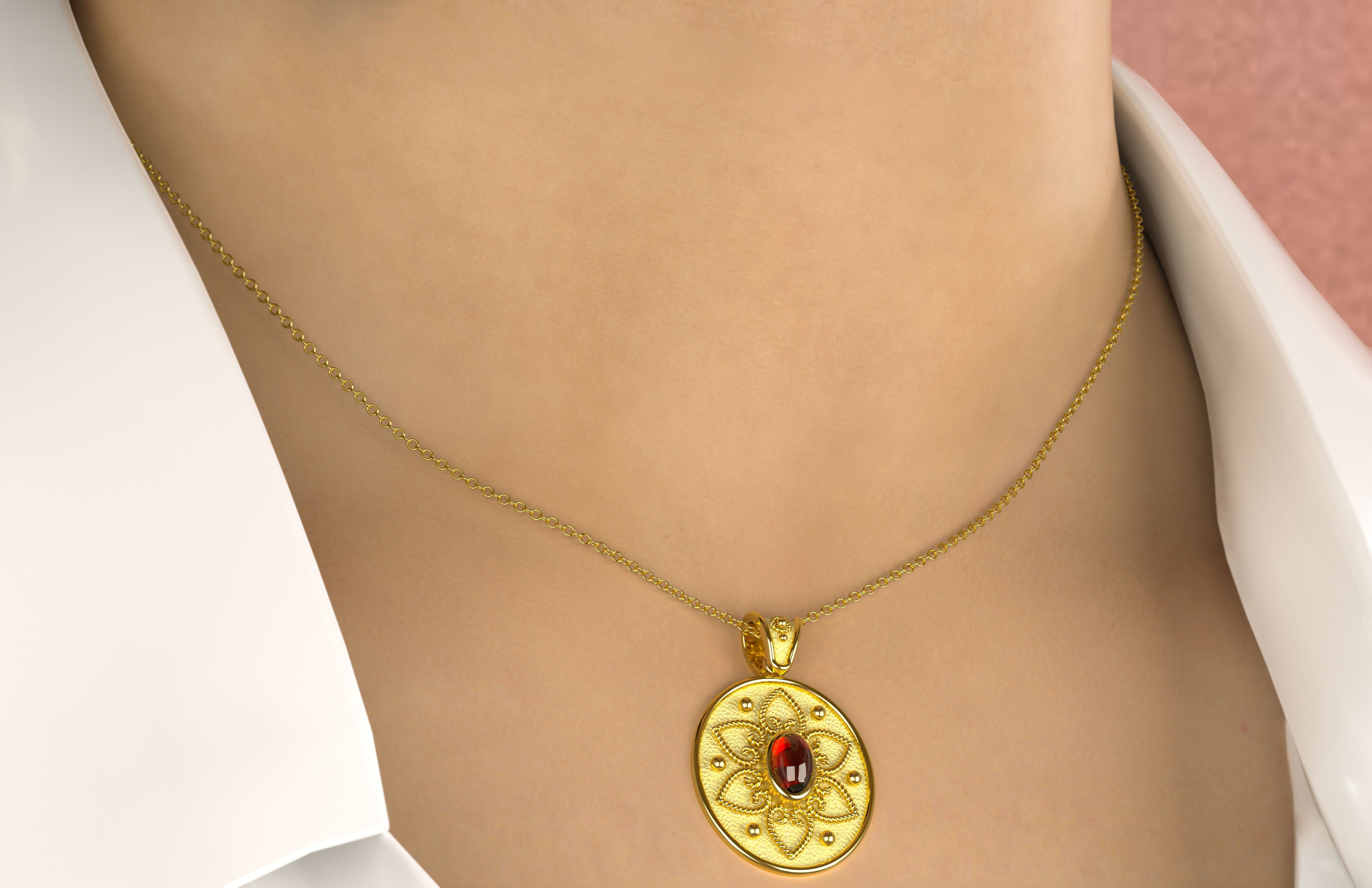 Byzantine Gold Oval Pendant with Garnet and Hearts Odysseus Jewelry