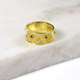 Gold Triangle Motif Ring with Rubies and Diamonds Odysseus Jewelry