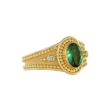 Greek Ancient Gold Ring with Cabochon Green Tourmaline and Diamonds Odysseus Jewelry