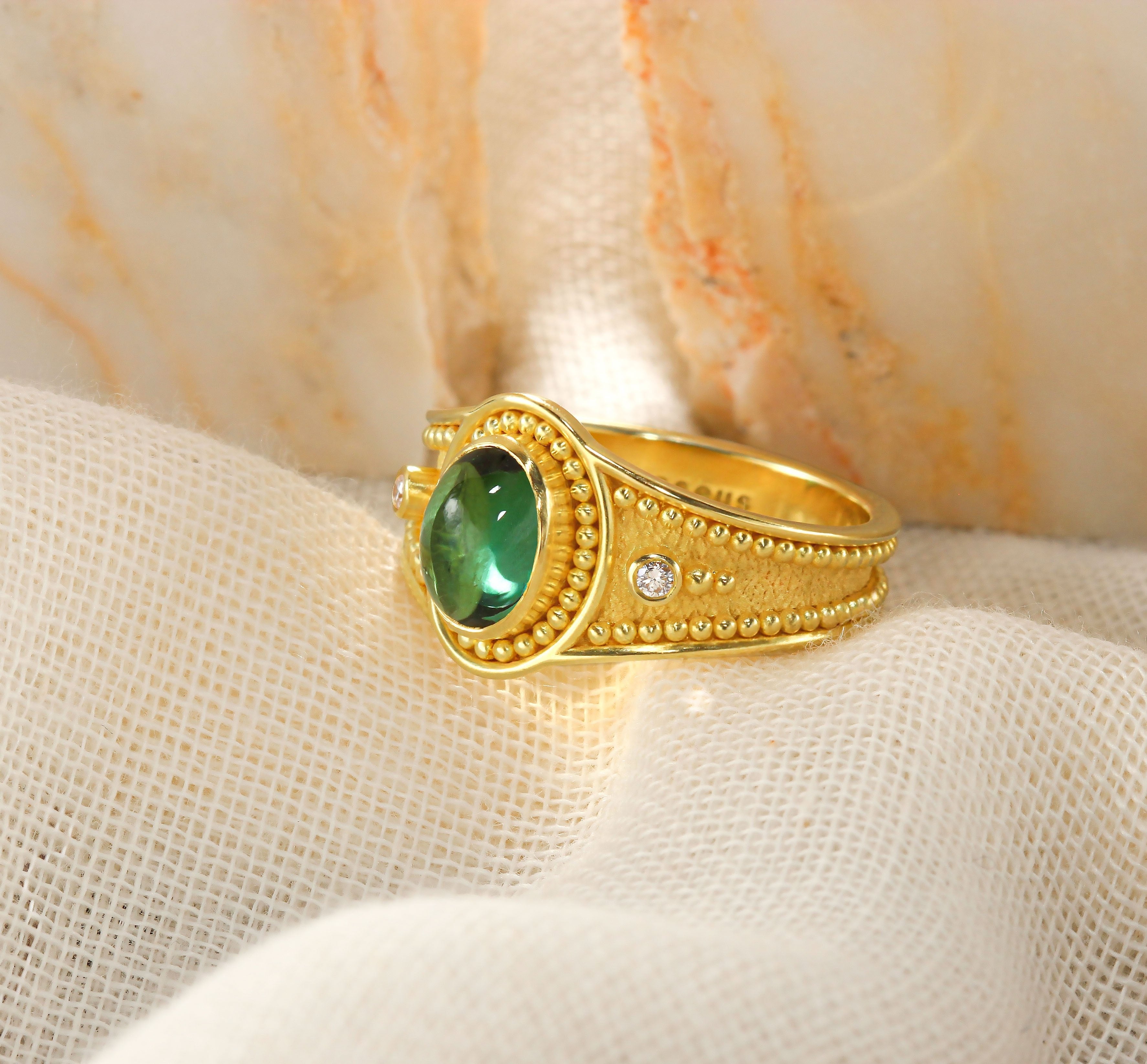 Greek Ancient Gold Ring with Cabochon Green Tourmaline and Diamonds Odysseus Jewelry