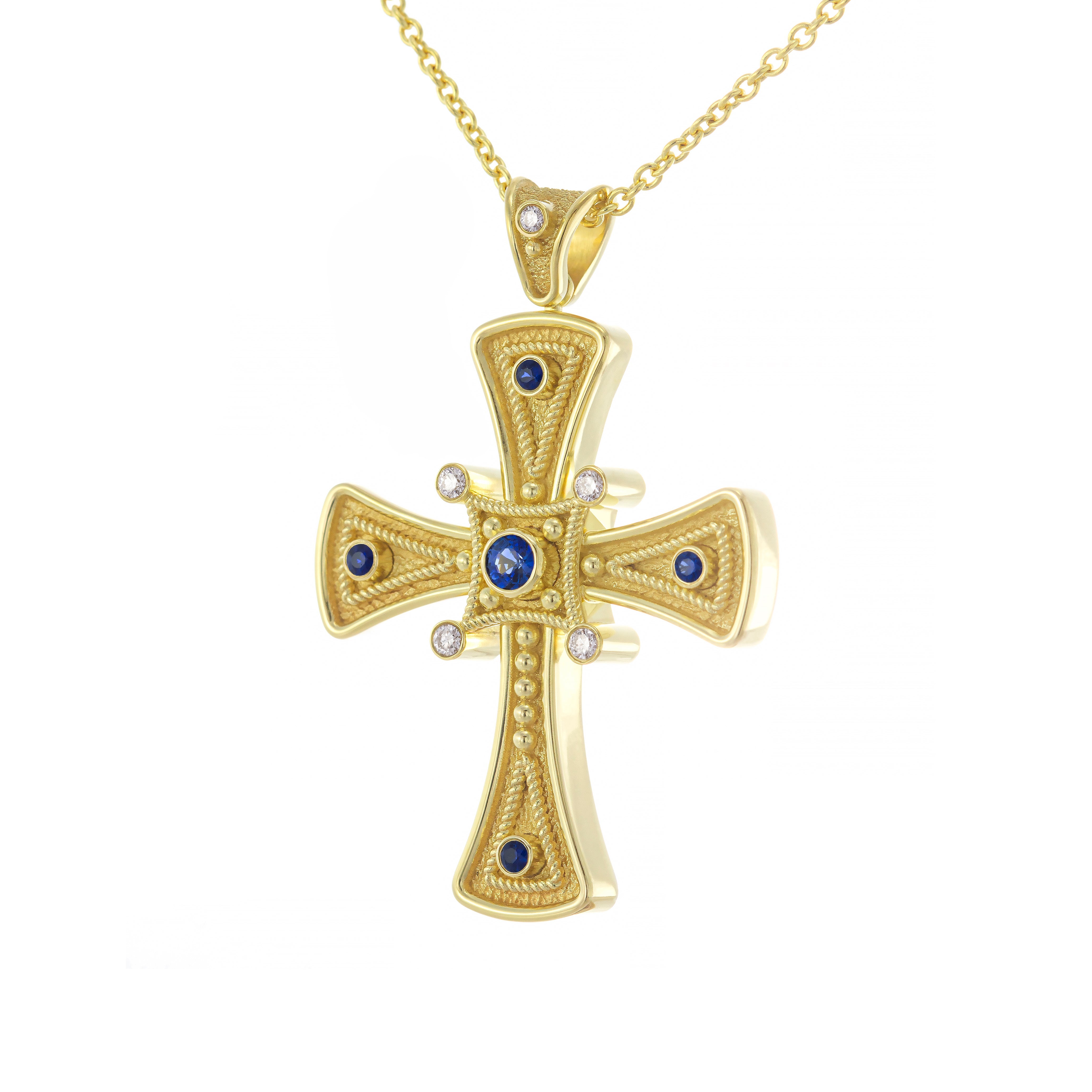 Byzantine Cross Pendant with Sapphires and Diamonds Odysseus Jewelry