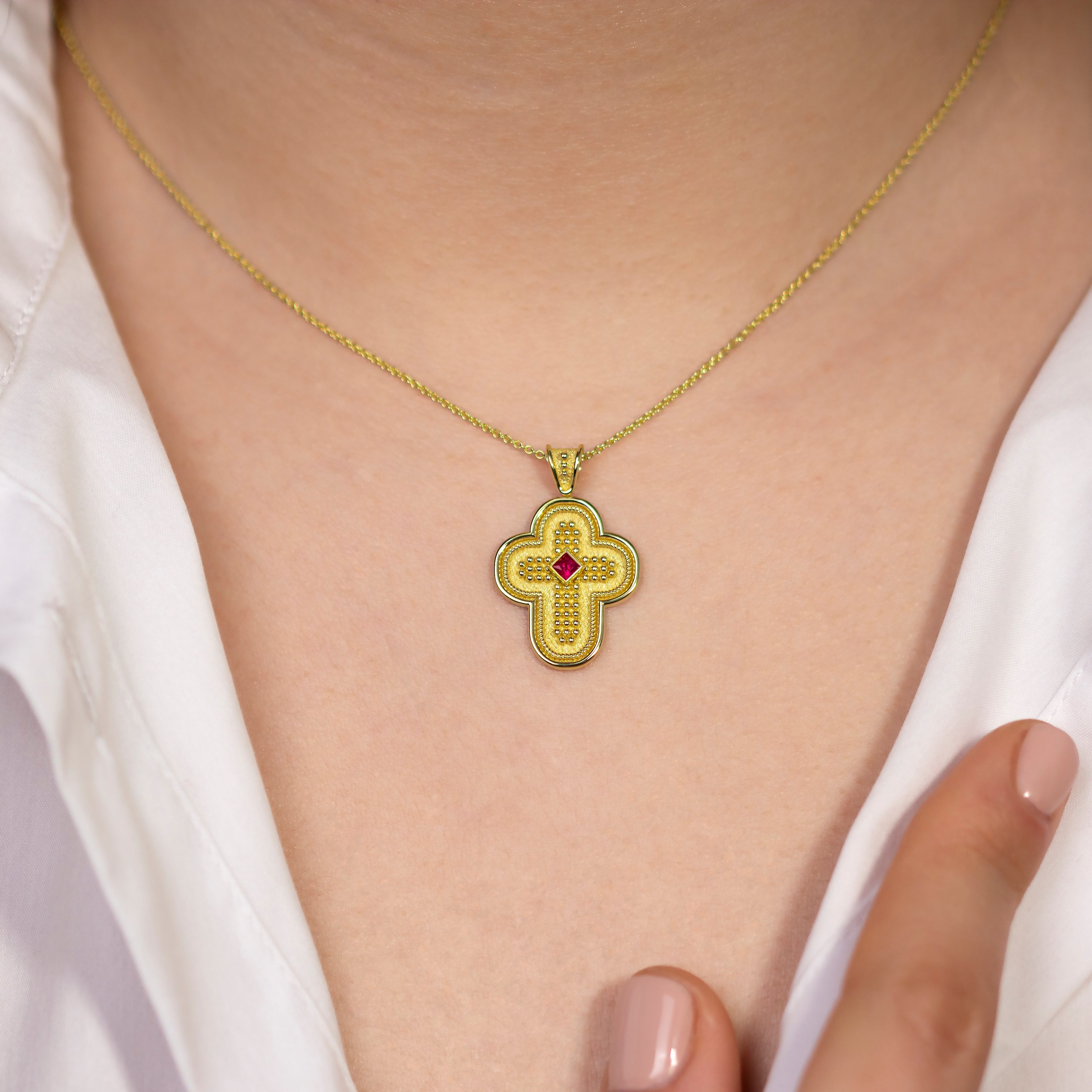 Byzantine Cross with Ruby and Granulations Odysseus Jewelry