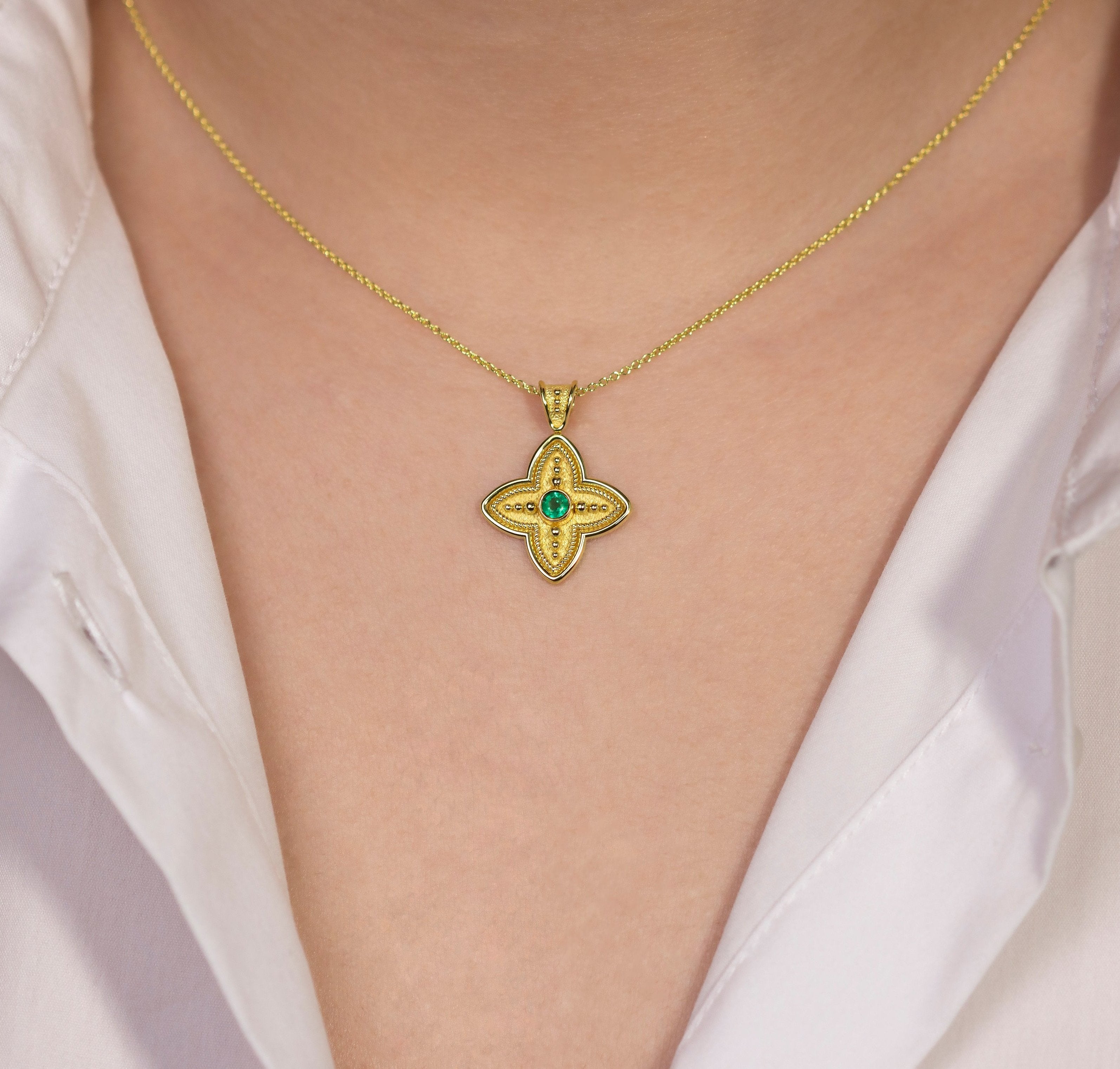 Emerald Cross Pendant with Granulations Odysseus Jewelry