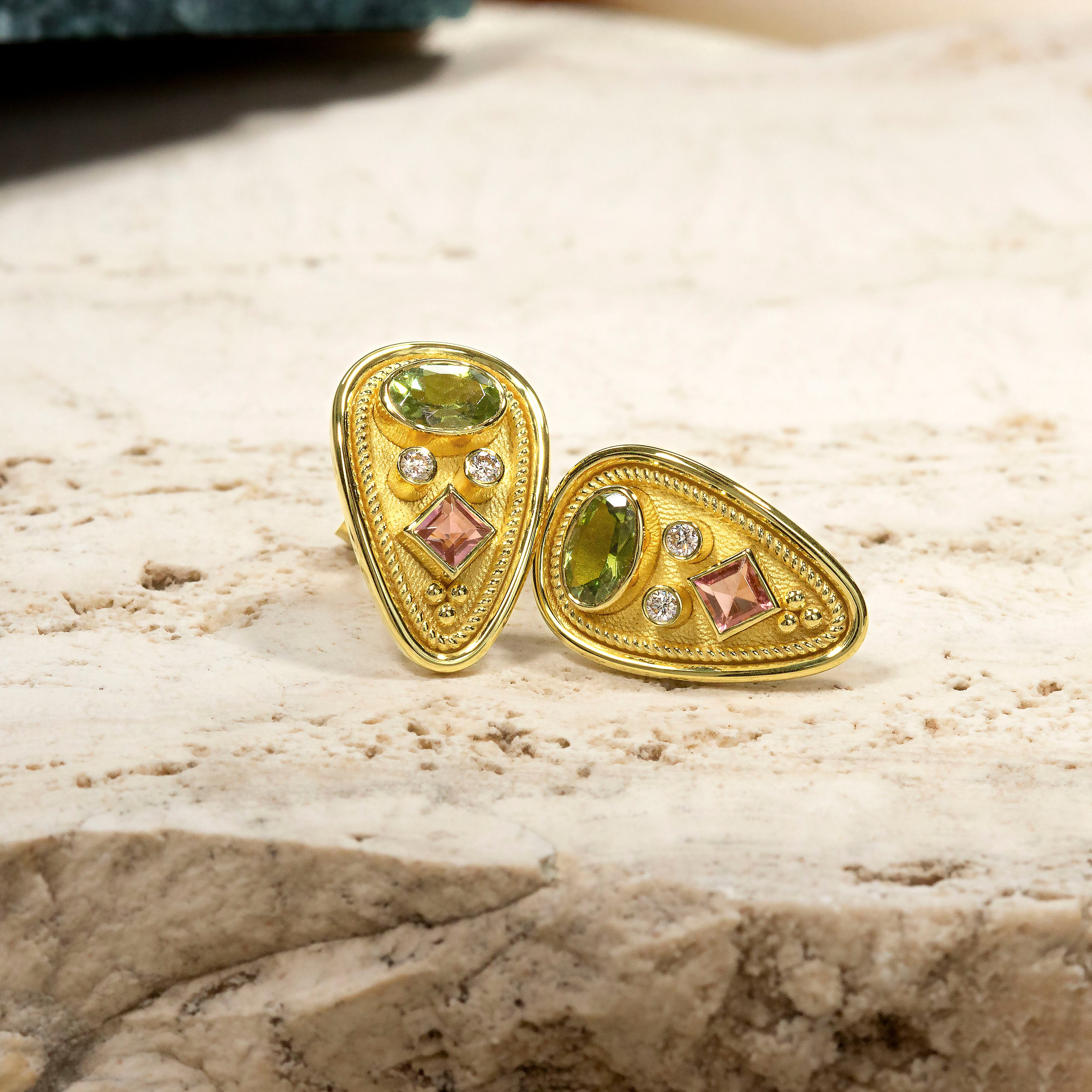 Byzantine Gold Earrings with Tourmalines and Diamonds Odysseus Jewelry