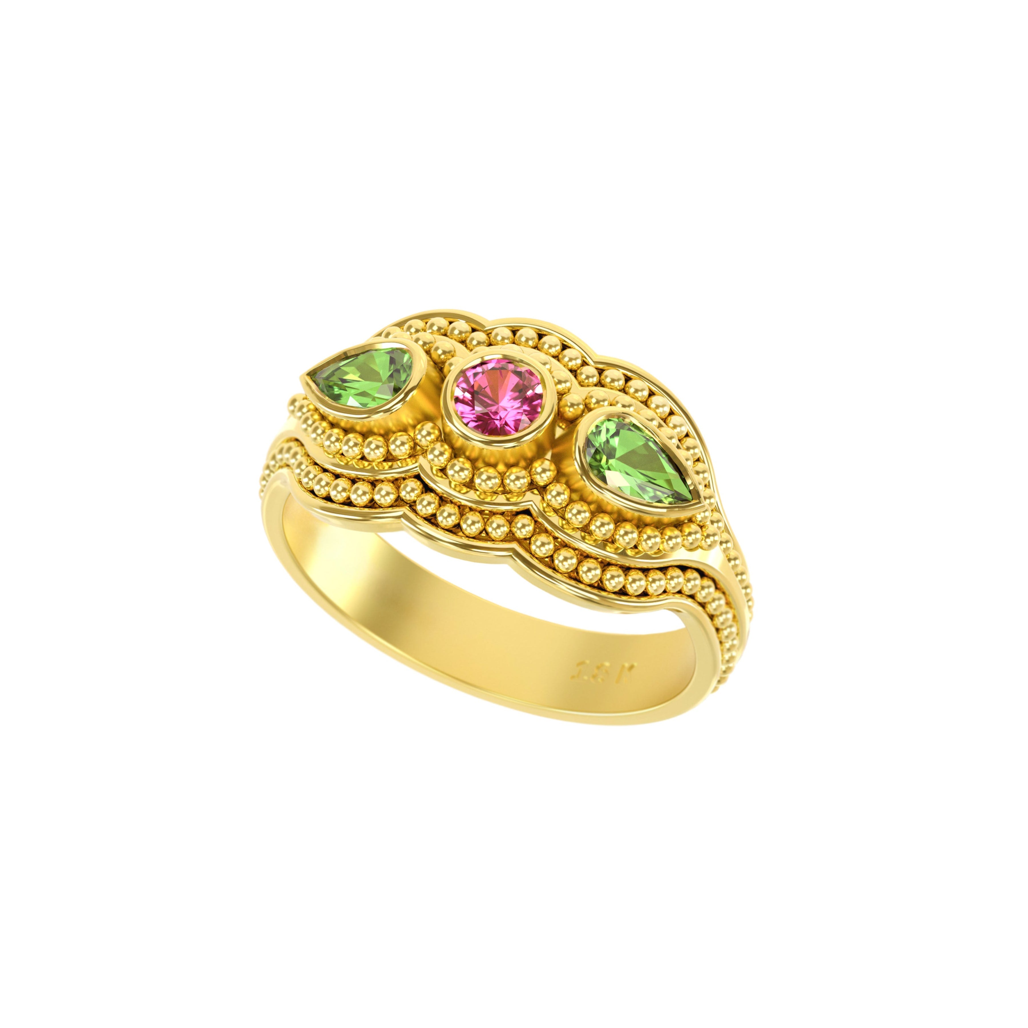 Gold Ring with Pink Tourmaline Peridots and Granulations Odysseus Jewelry