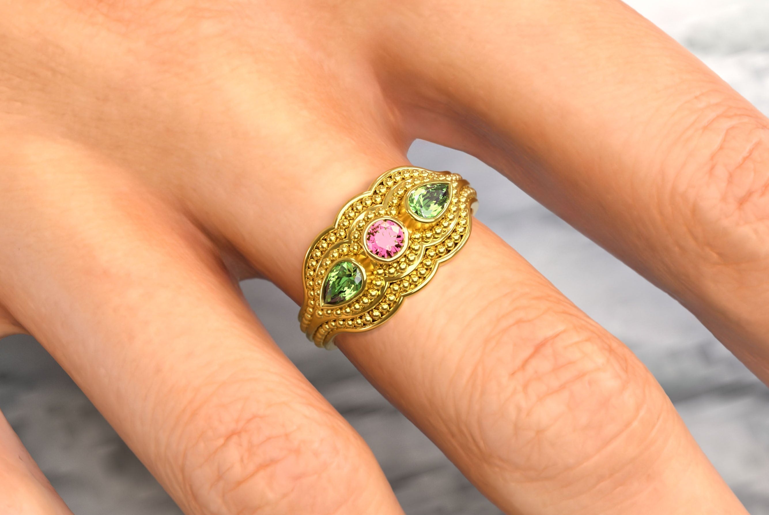 Gold Ring with Pink Tourmaline Peridots and Granulations Odysseus Jewelry