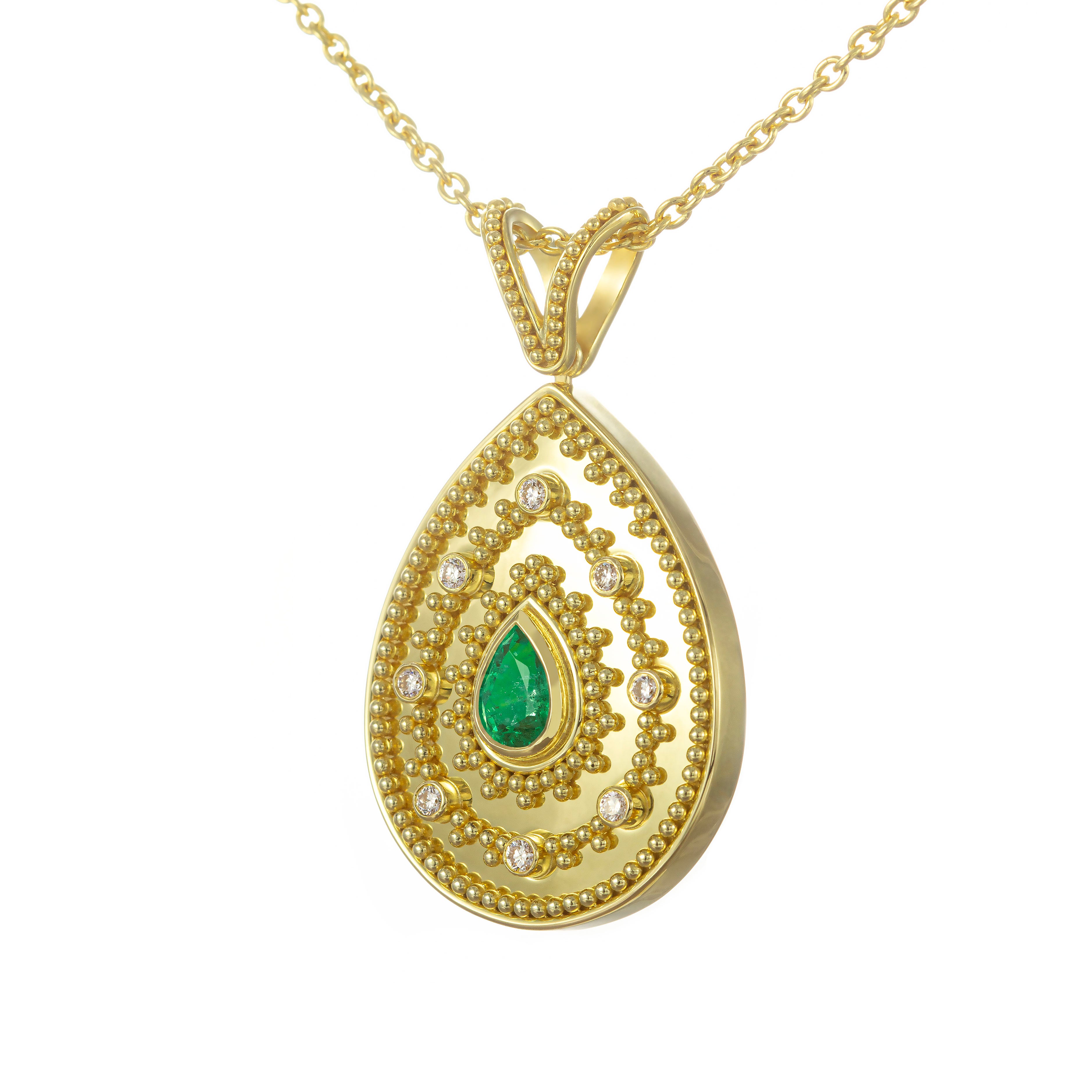 Gold Pendant with pear Emerald and Diamonds Odysseus Jewelry