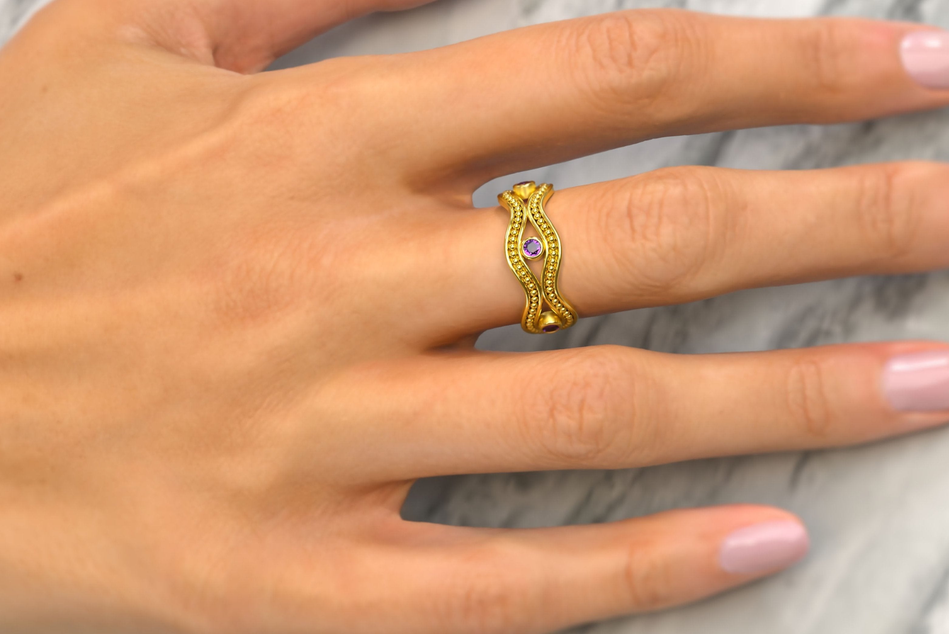 Amethyst Gold Ring with Granulations Odysseus Jewelry