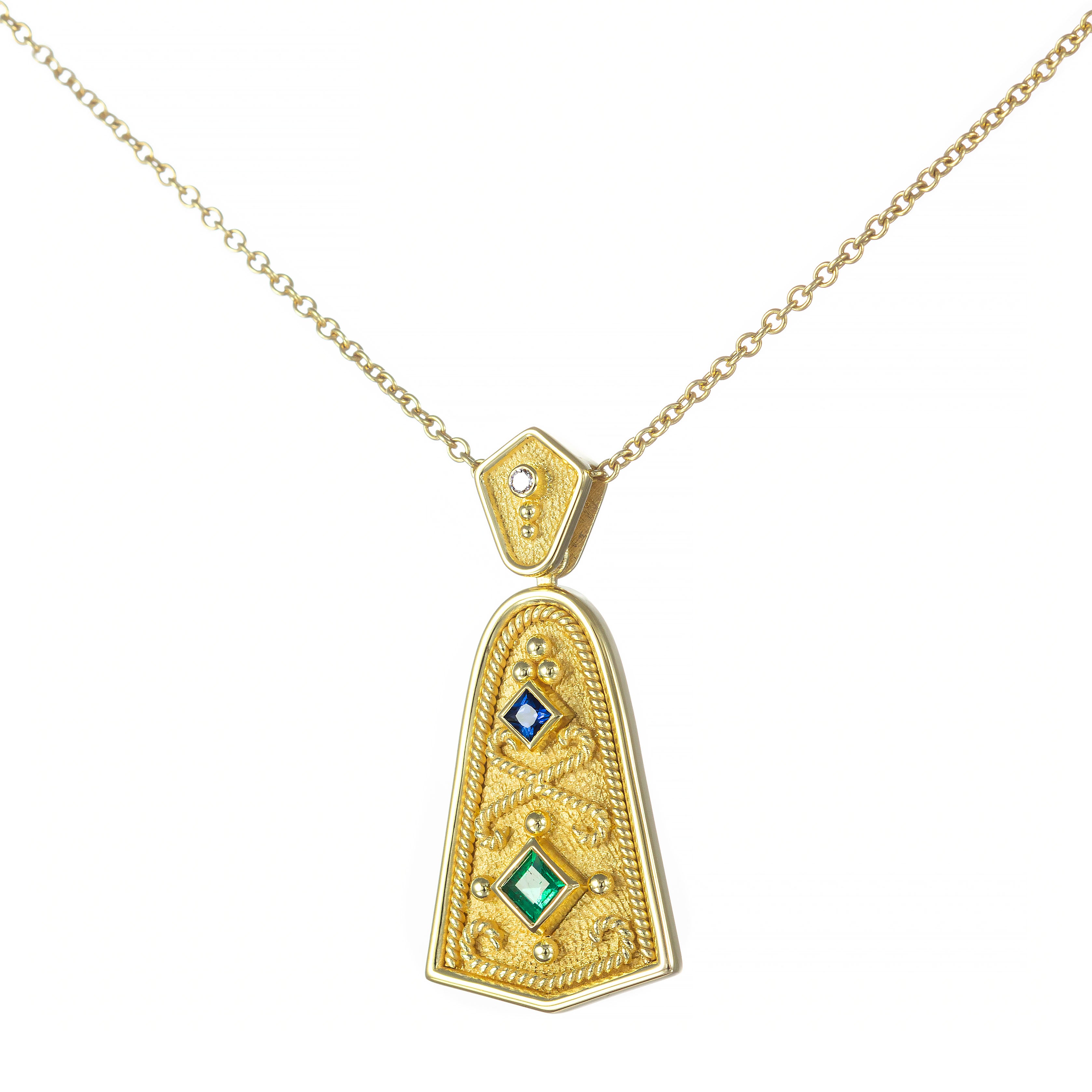 Byzantine Bell Pendant with Sapphire Emerald and Diamond Odysseus Jewelry
