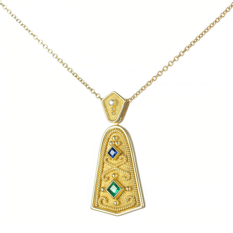Byzantine Bell Pendant with Sapphire Emerald and Diamond