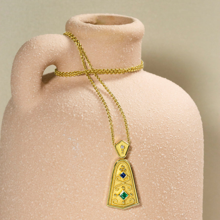 Byzantine Bell Pendant with Sapphire Emerald and Diamond
