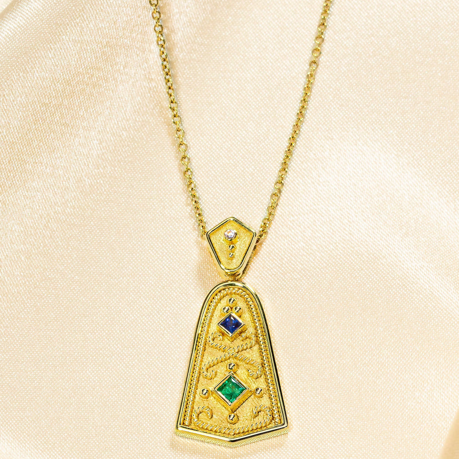 Byzantine Bell Pendant with Sapphire Emerald and Diamond