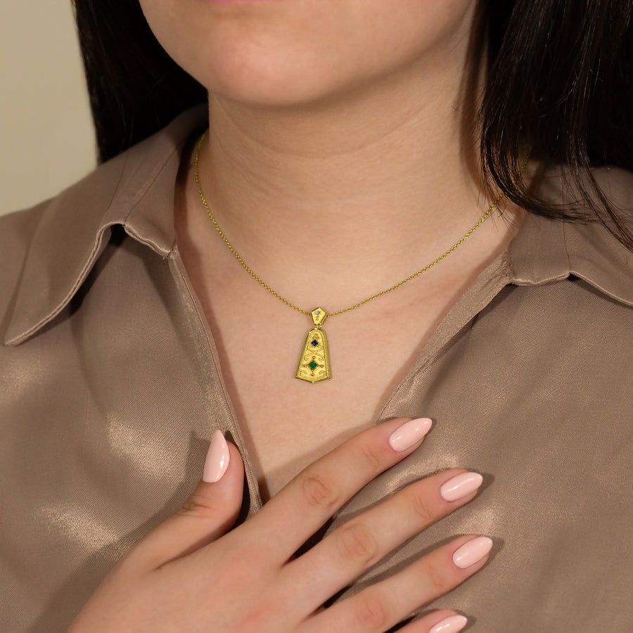 Byzantine Bell Pendant with Sapphire Emerald and Diamond