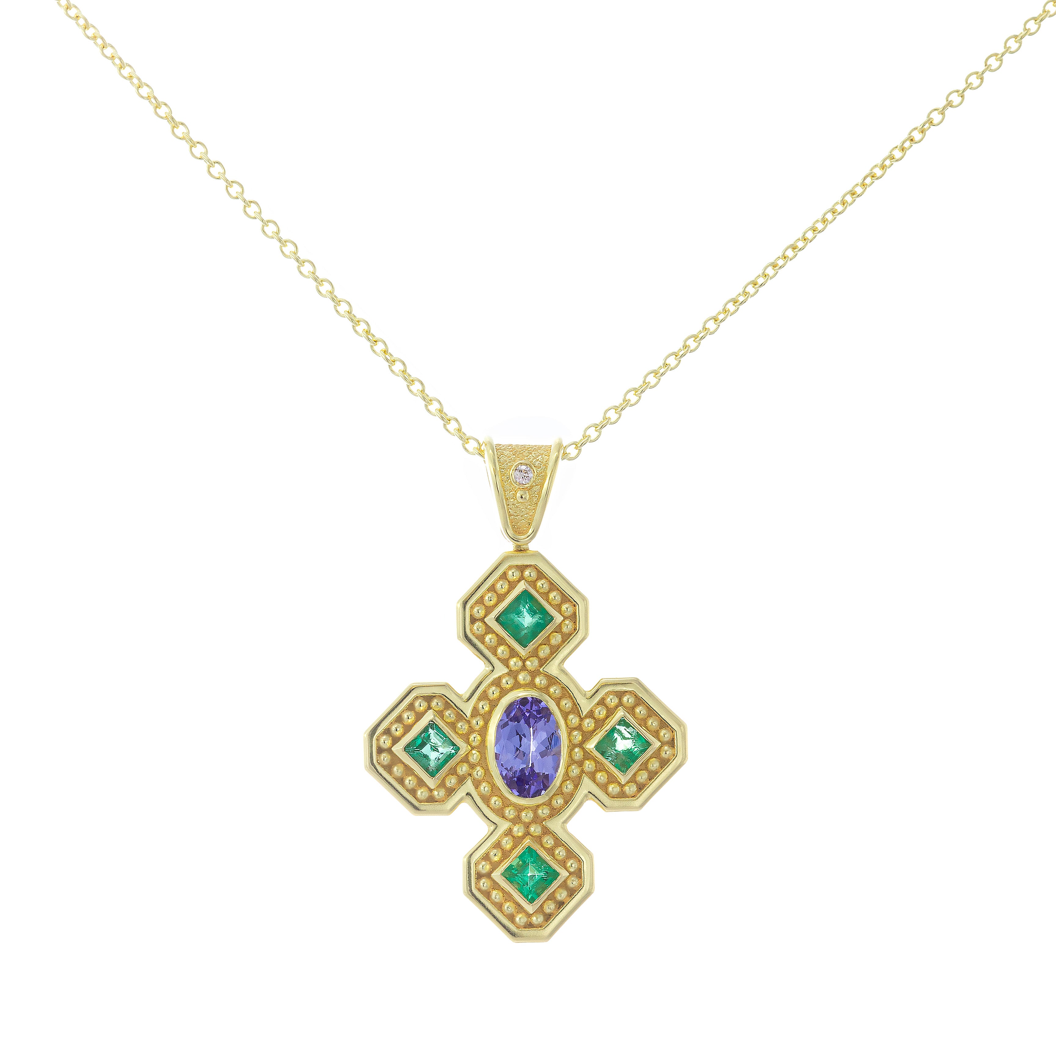 Byzantine Cross Pendant with Emeralds Tanzanite and Diamond Odysseus Jewelry