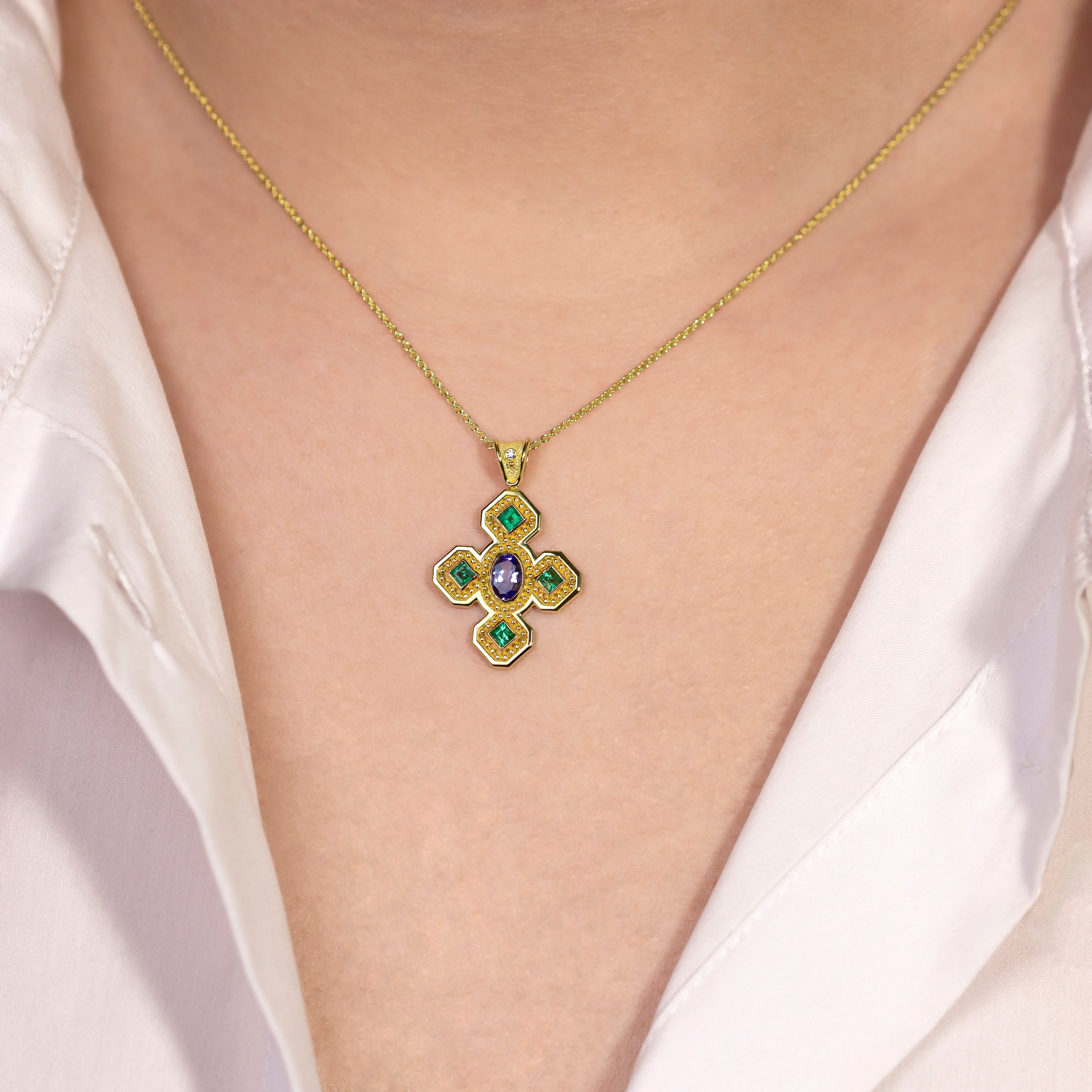Byzantine Cross Pendant with Emeralds Tanzanite and Diamond Odysseus Jewelry