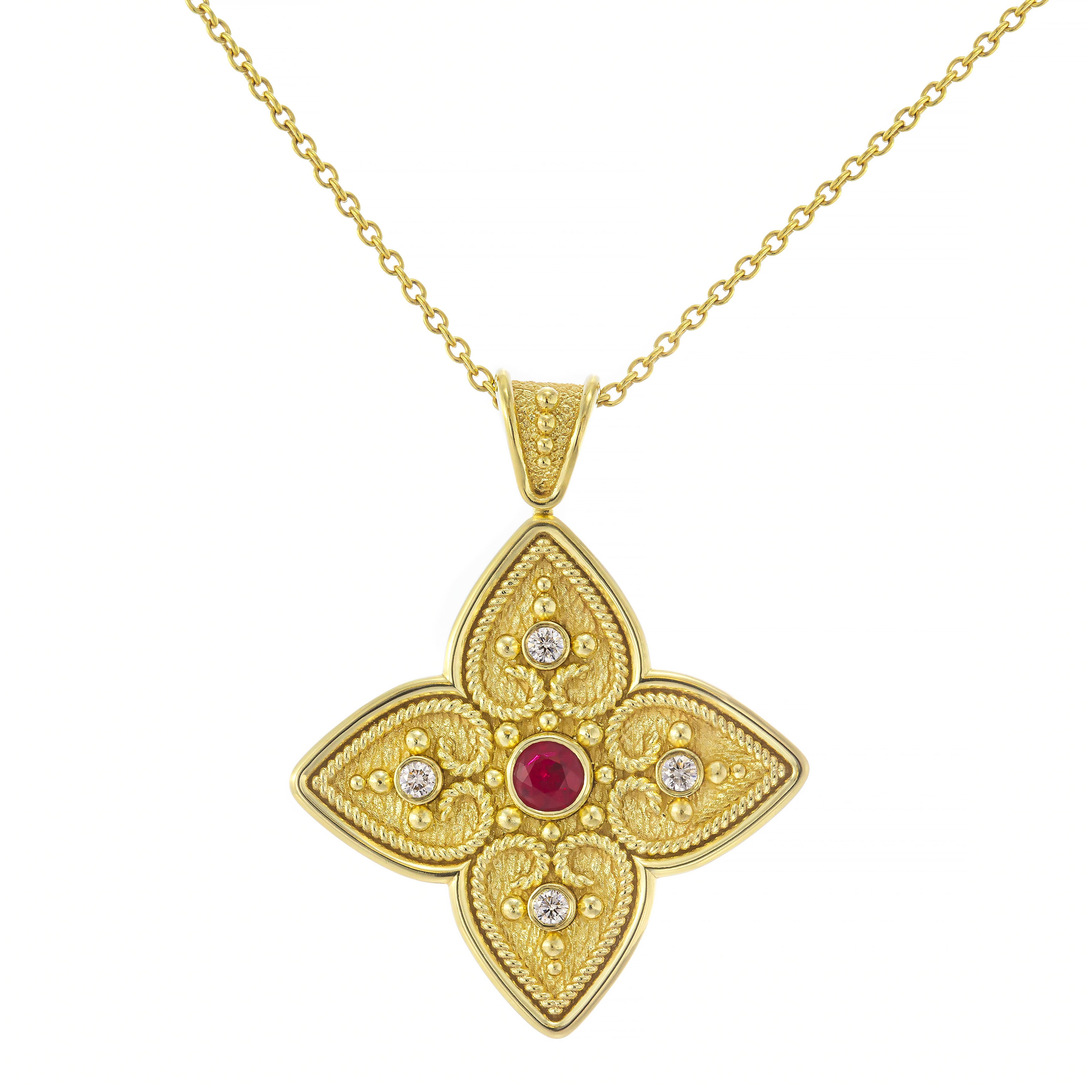 Byzantine Cross Pendant with Ruby and Diamonds Odysseus Jewelry