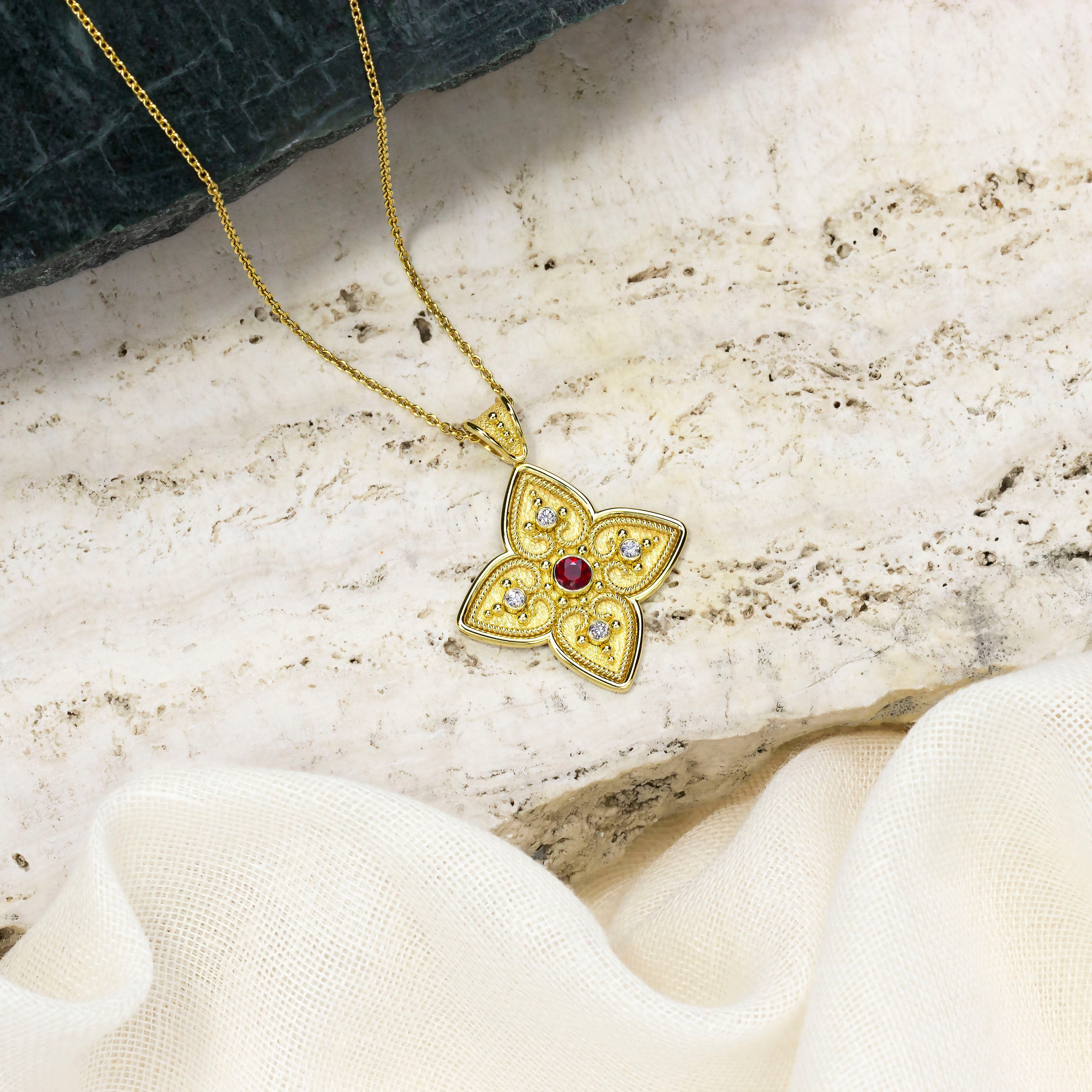 Byzantine Cross Pendant with Ruby and Diamonds Odysseus Jewelry