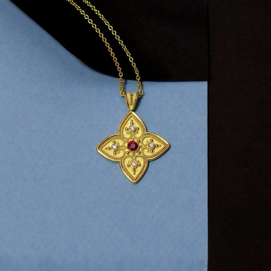 Byzantine Cross Pendant with Ruby and Diamonds