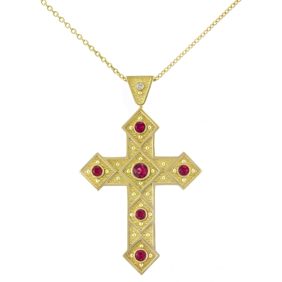 Byzantine Cross Pendant with Squares and Rubies