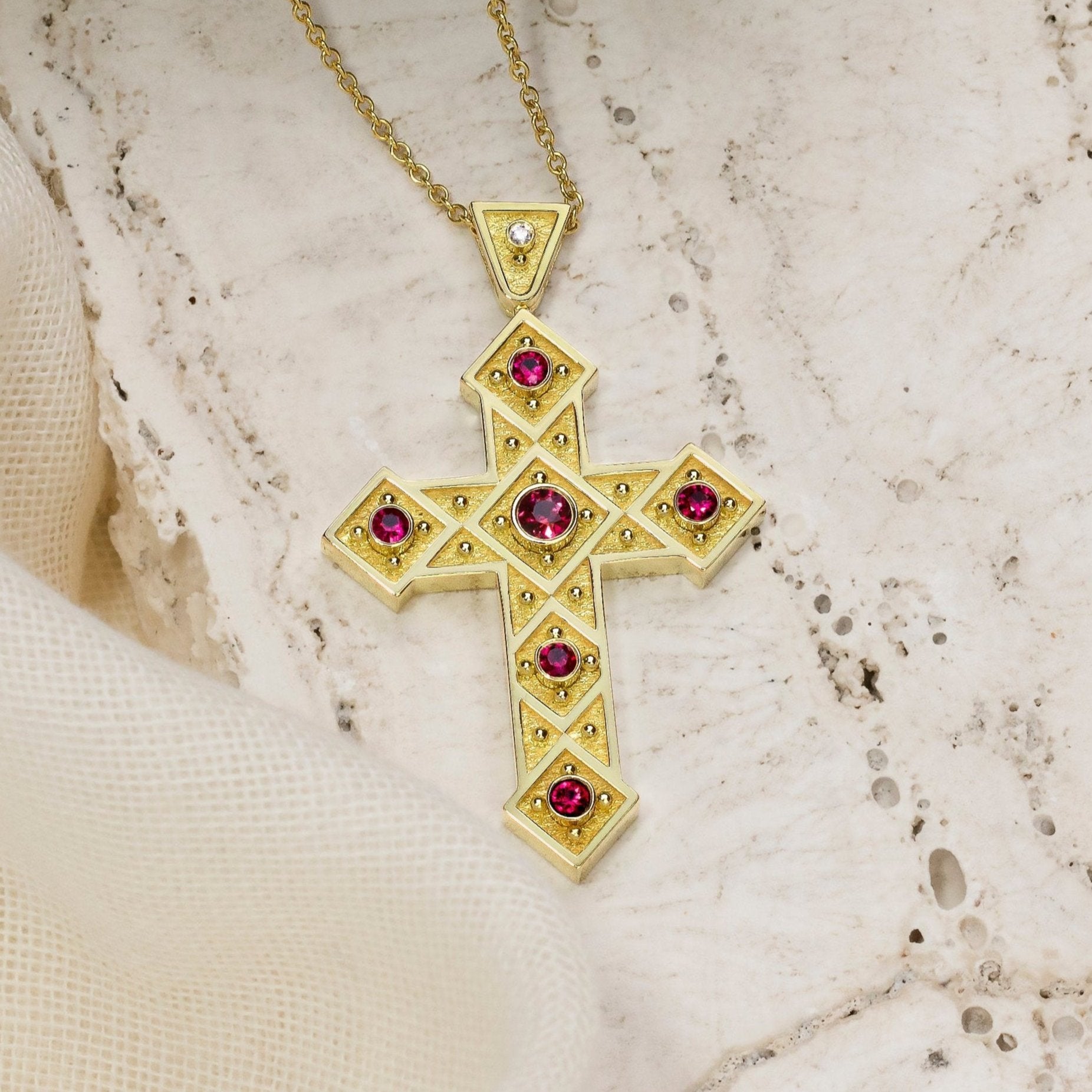 Byzantine Cross Pendant with Squares and Rubies Odysseus Jewelry