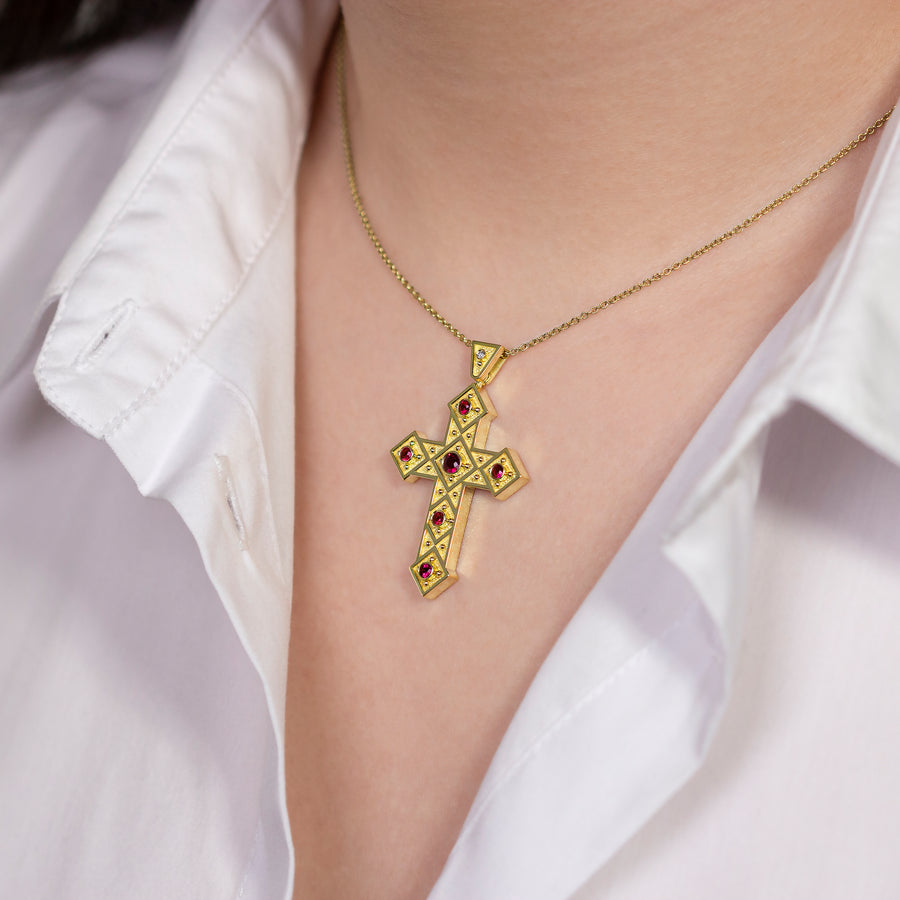 Byzantine Cross Pendant with Squares and Rubies