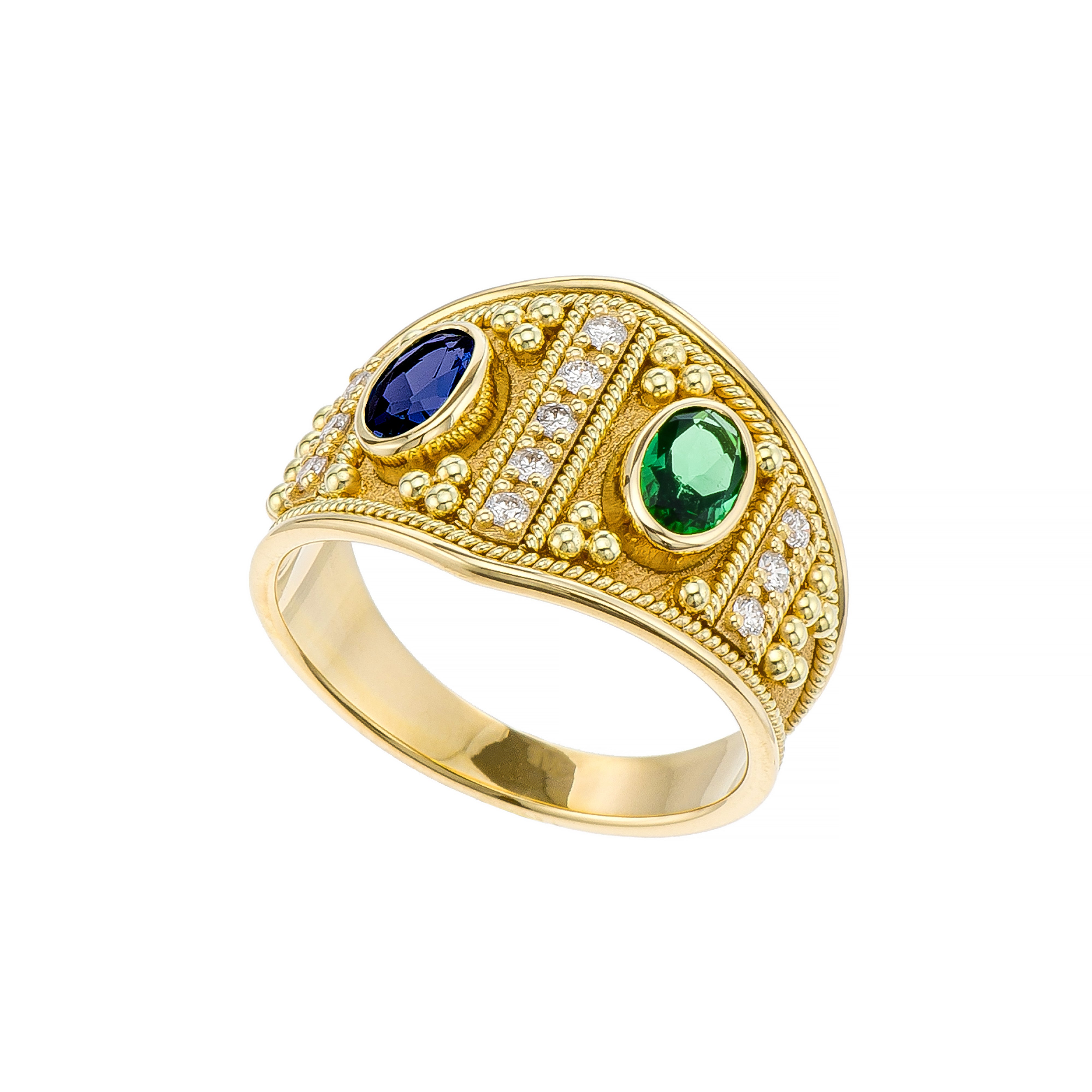 Byzantine Emerald and Sapphire Gold Ring Odysseus Jewelry