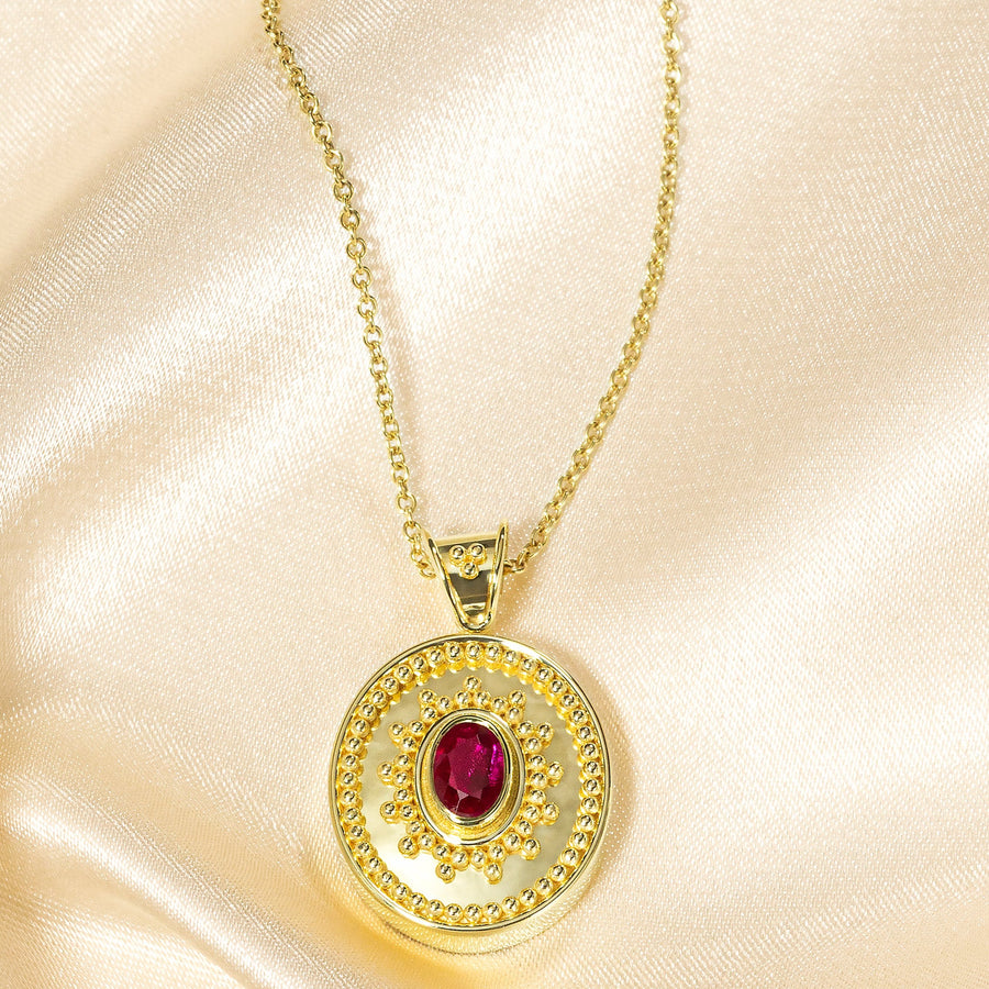 Byzantine Gold Oval Pendant with Ruby and Shiny Finish
