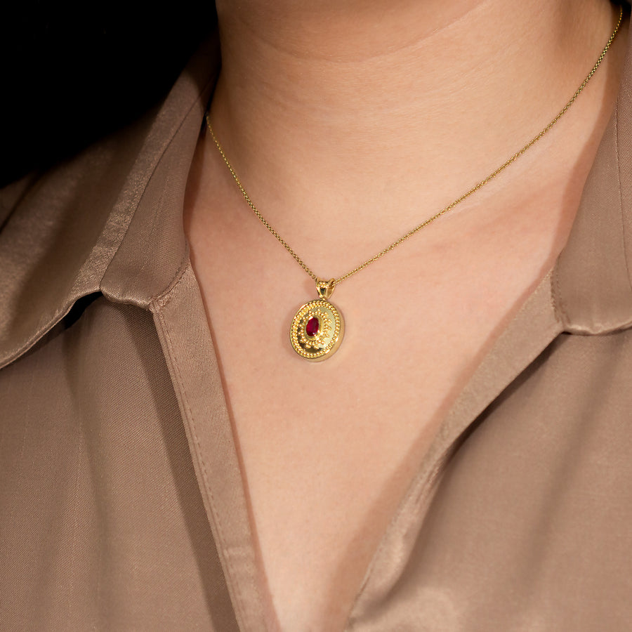 Byzantine Gold Oval Pendant with Ruby and Shiny Finish