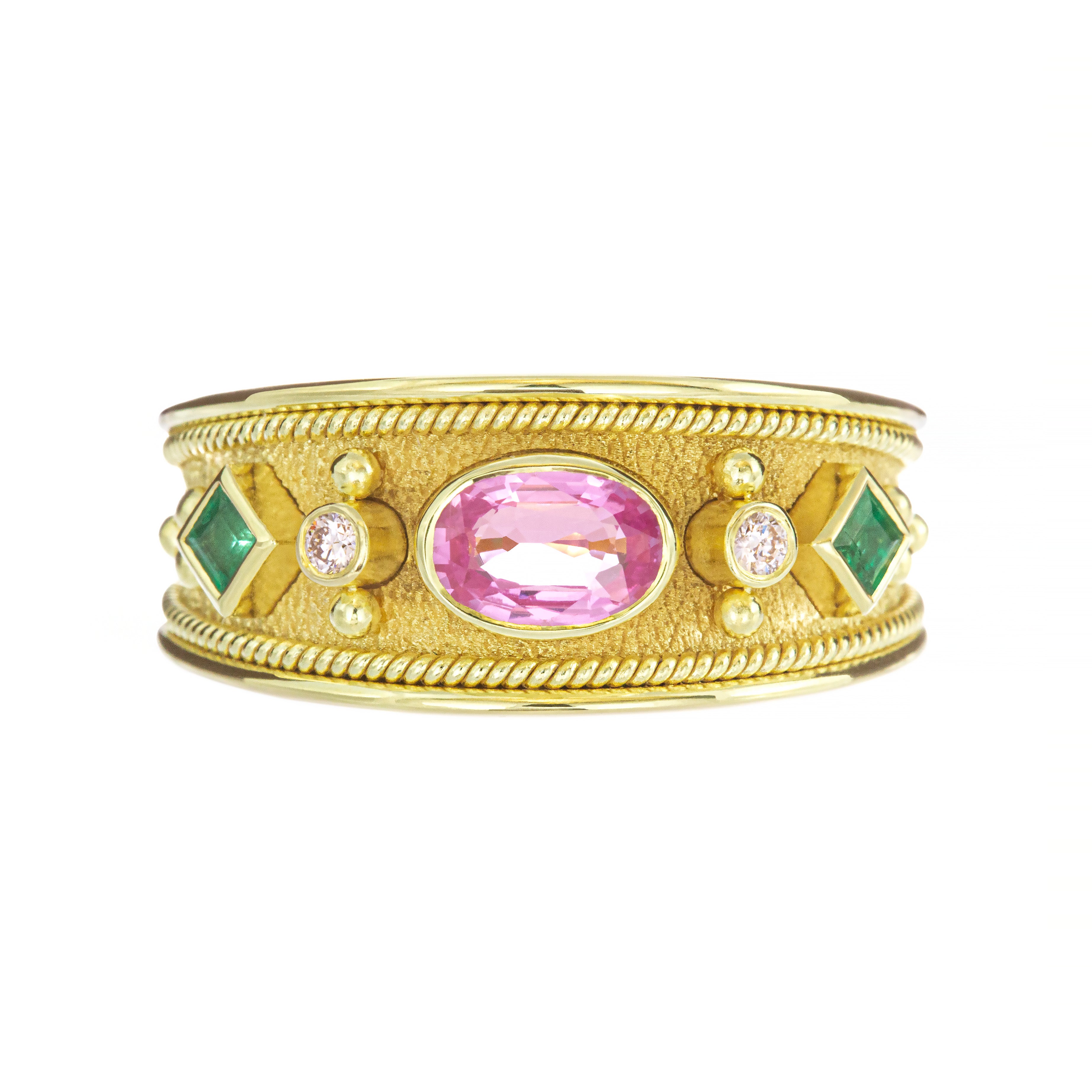 Byzantine Gold Ring with Pink Sapphire and Emeralds Odysseus Jewelry