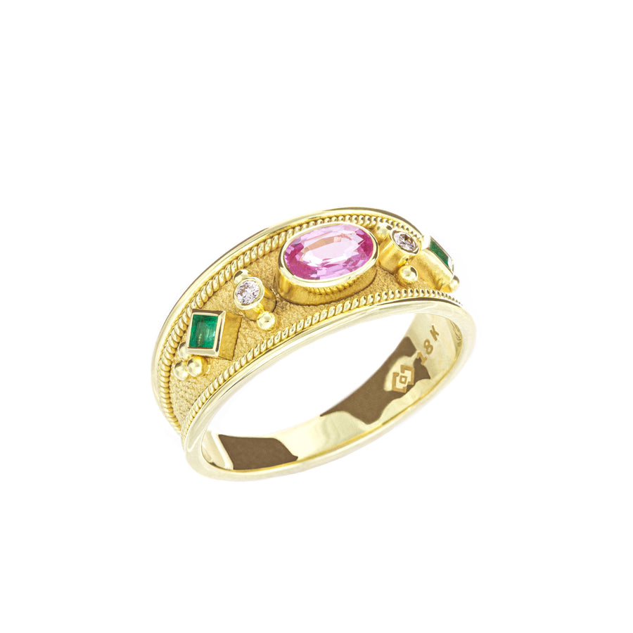 Byzantine Gold Ring with Pink Sapphire and Emeralds