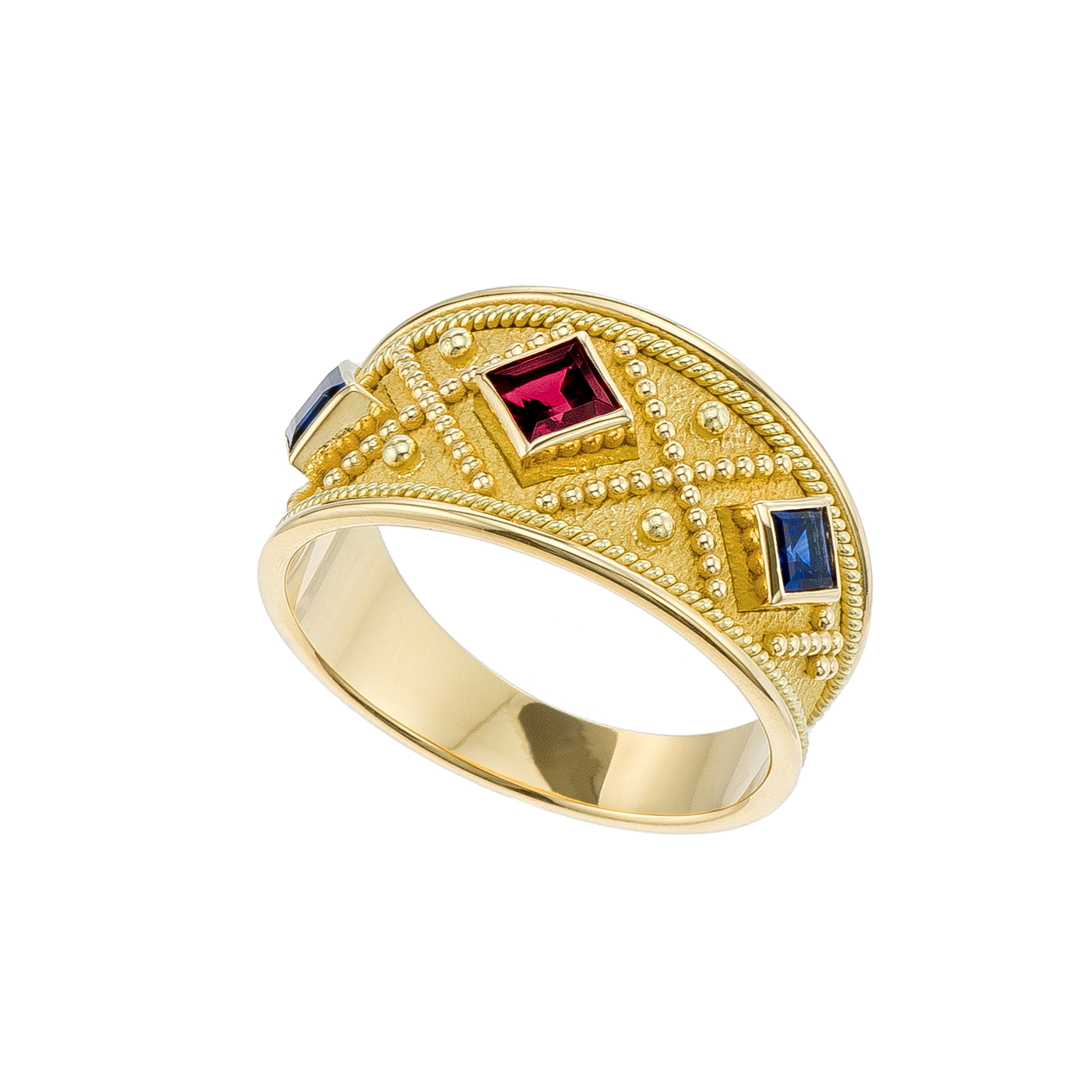 Ancient Greek Gold Ring with Ruby and Sapphires – Odysseus Jewelry