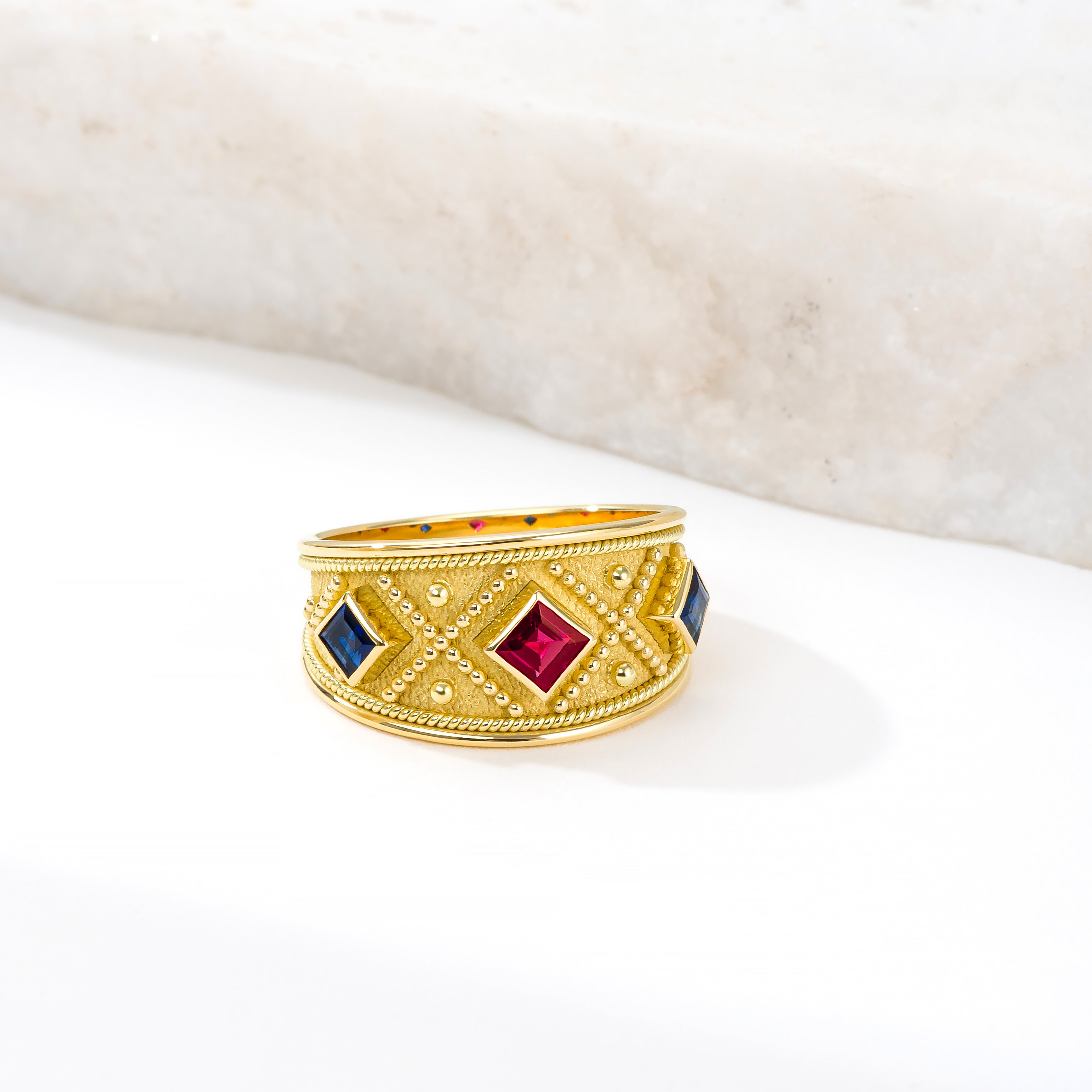 Byzantine Gold Ring with Ruby and Sapphires Odysseus Jewelry