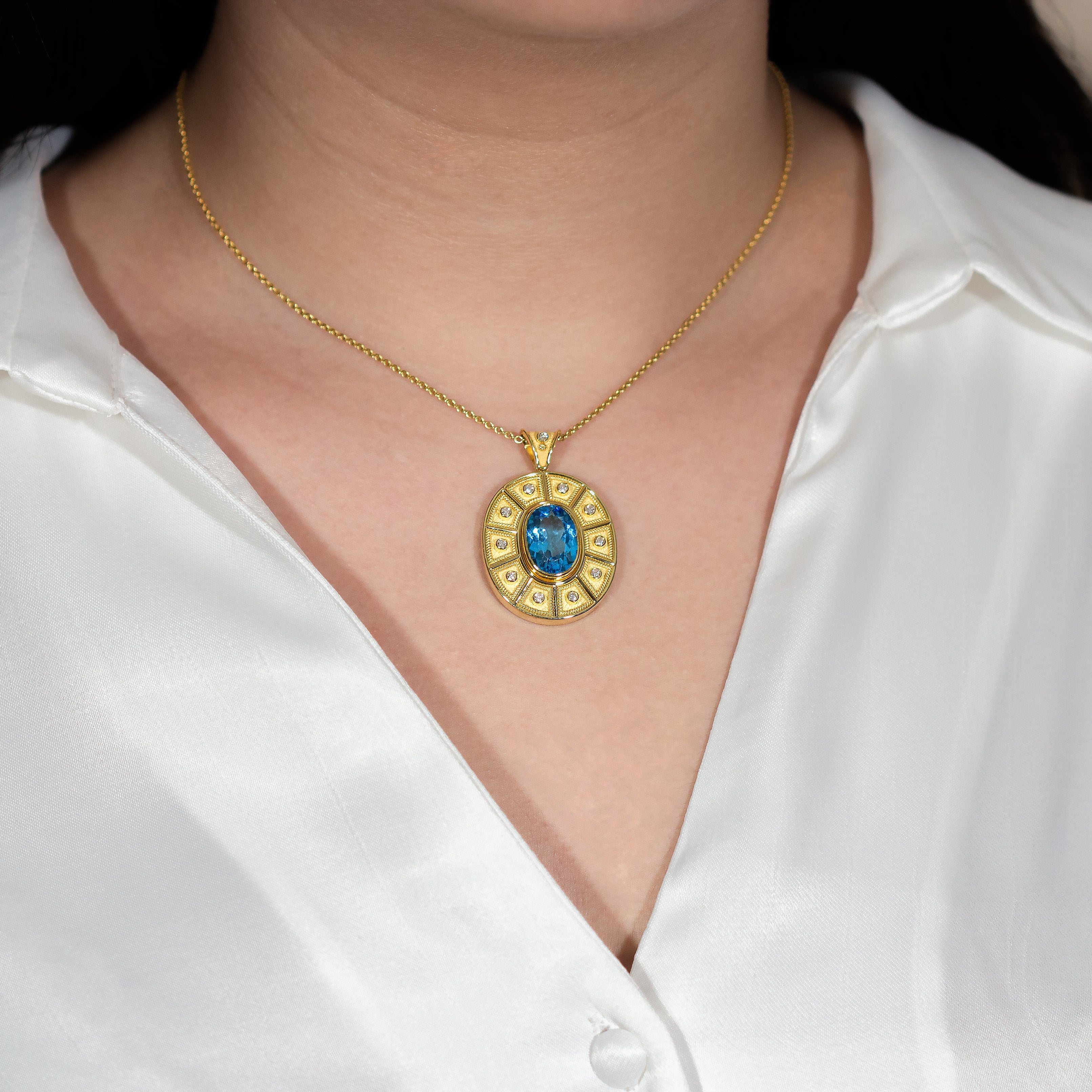 Byzantine Oval Gold Pendant with Oval Swiss Topaz and Diamonds Odysseus Jewelry
