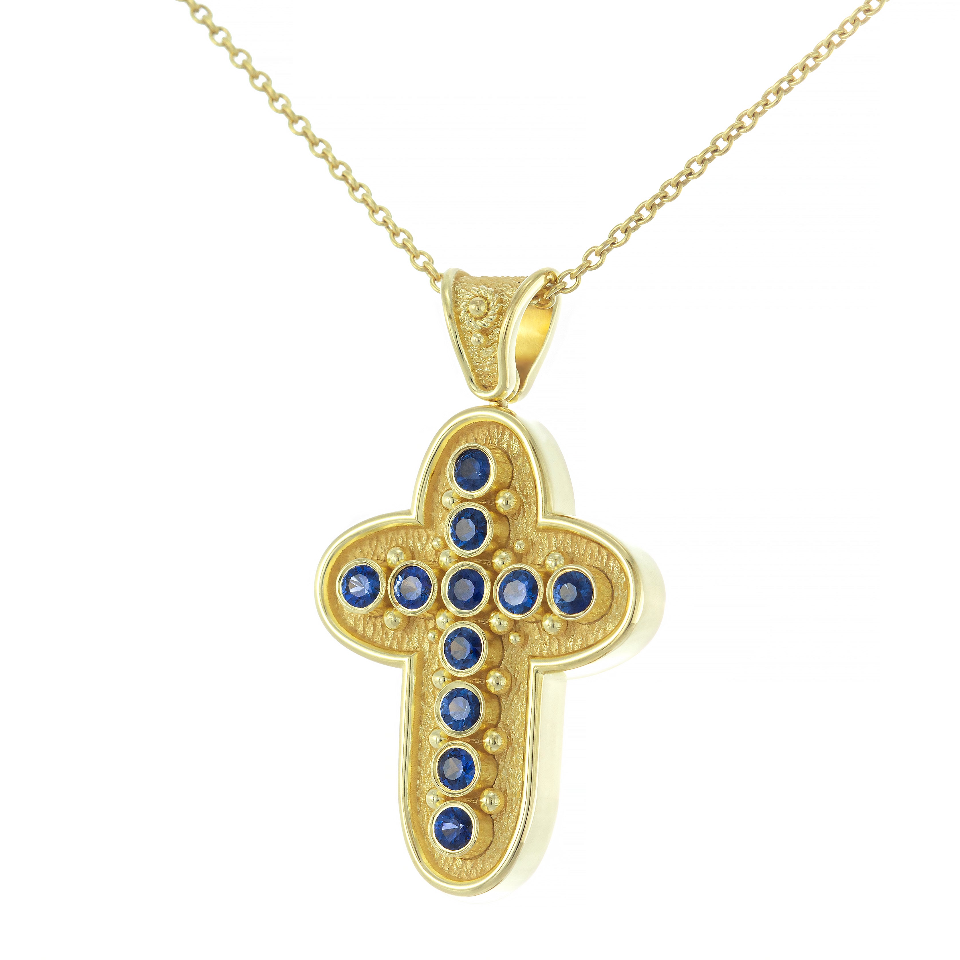 Byzantine Rounded Cross Pendant with Sapphires Odysseus Jewelry