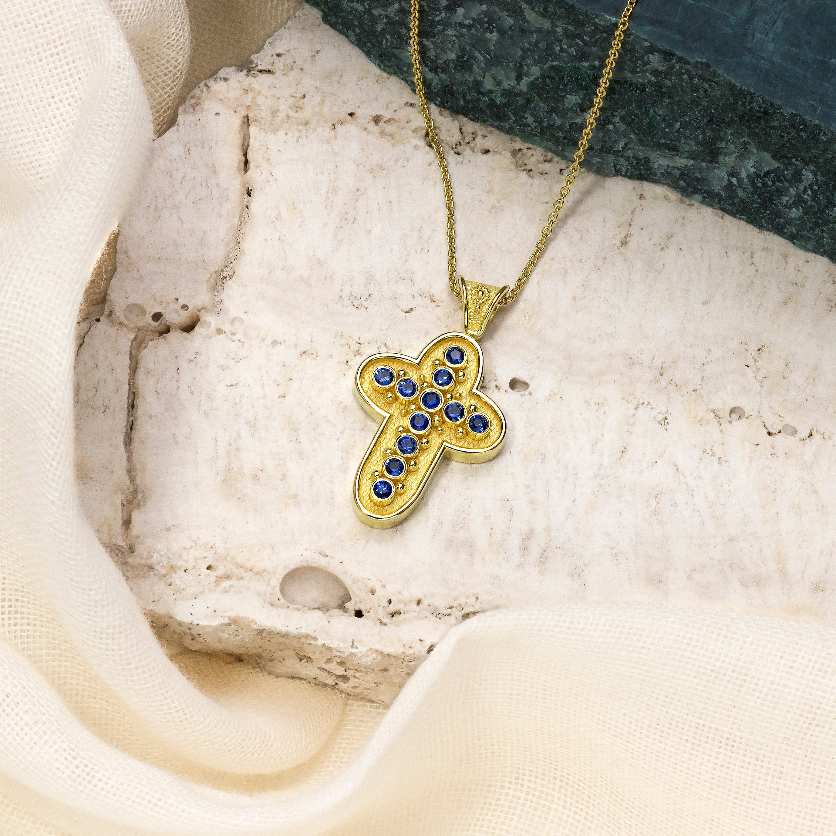 Byzantine Rounded Cross Pendant with Sapphires Odysseus Jewelry