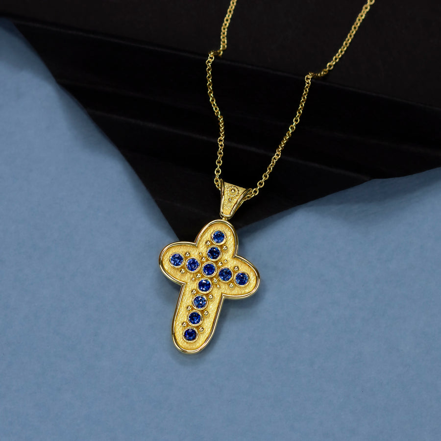 Byzantine Rounded Cross Pendant with Sapphires