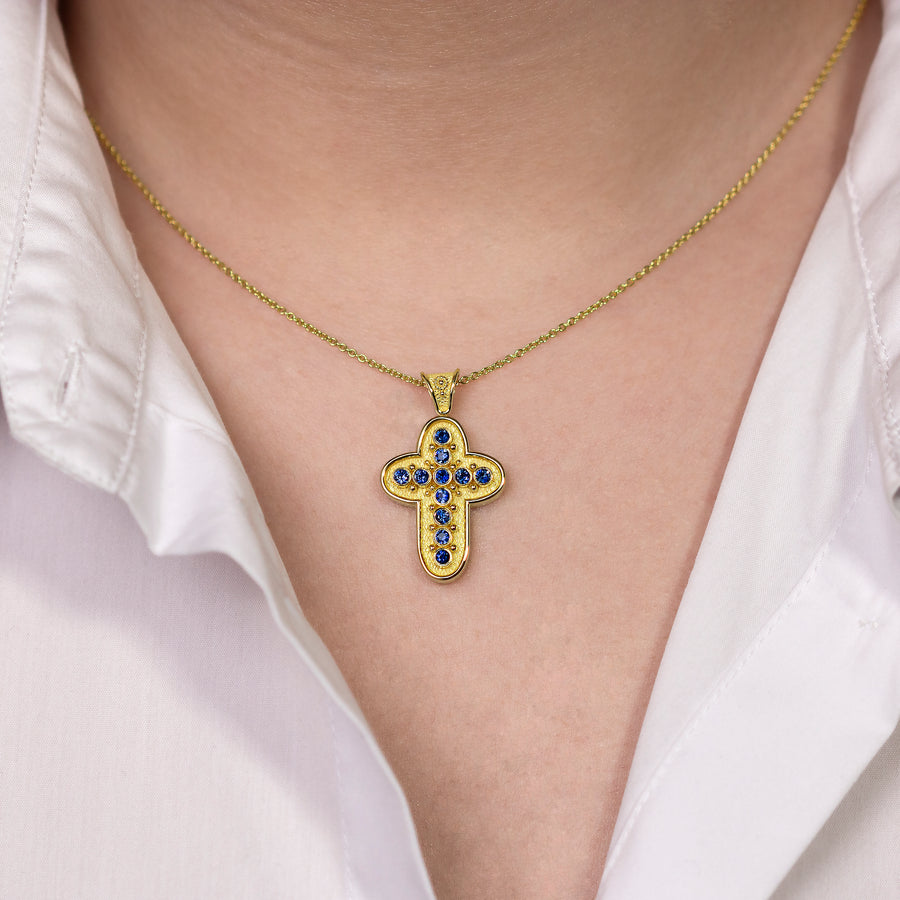 Byzantine Rounded Cross Pendant with Sapphires