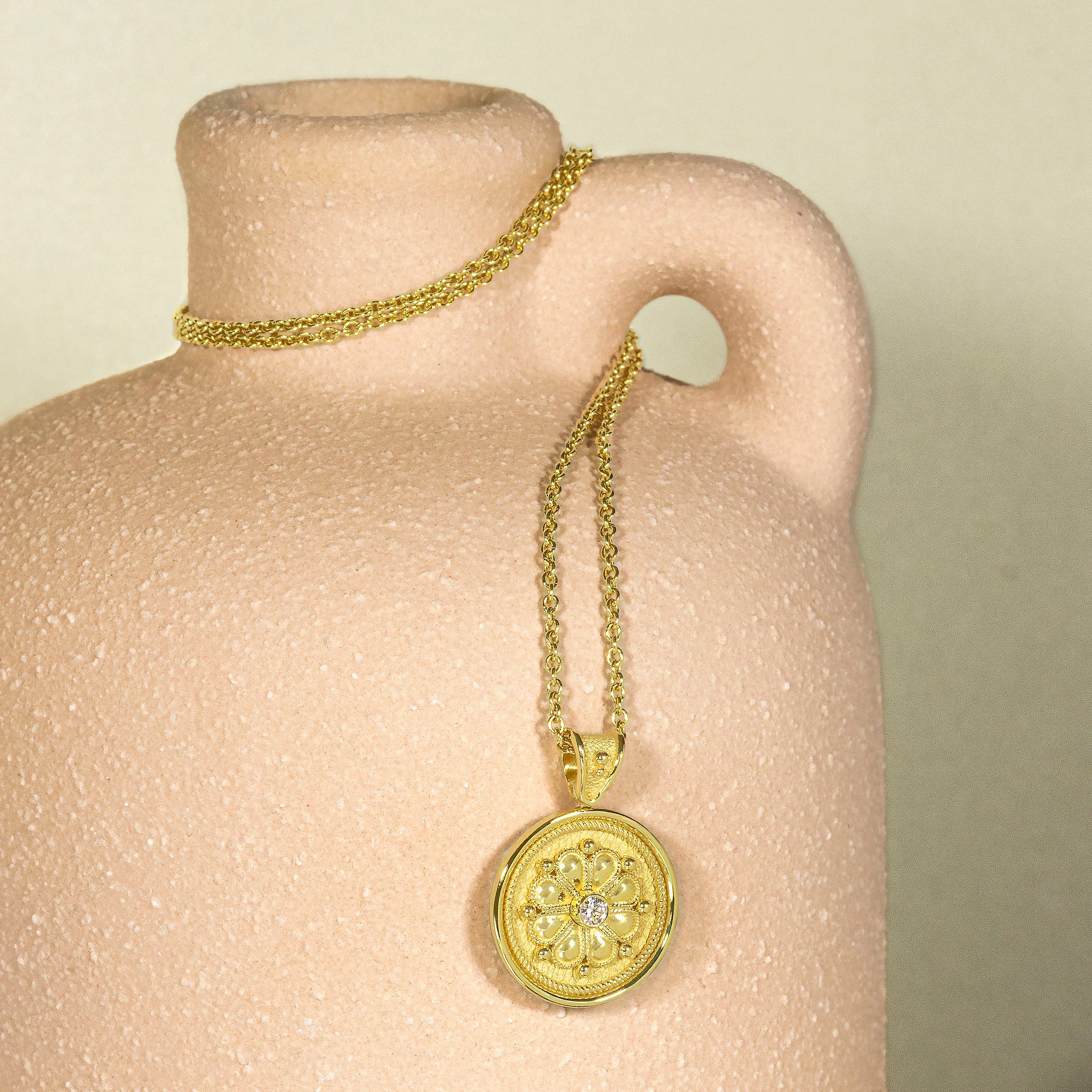Gold Byzantine Round Flower Pendant with Diamond Odysseus Jewelry