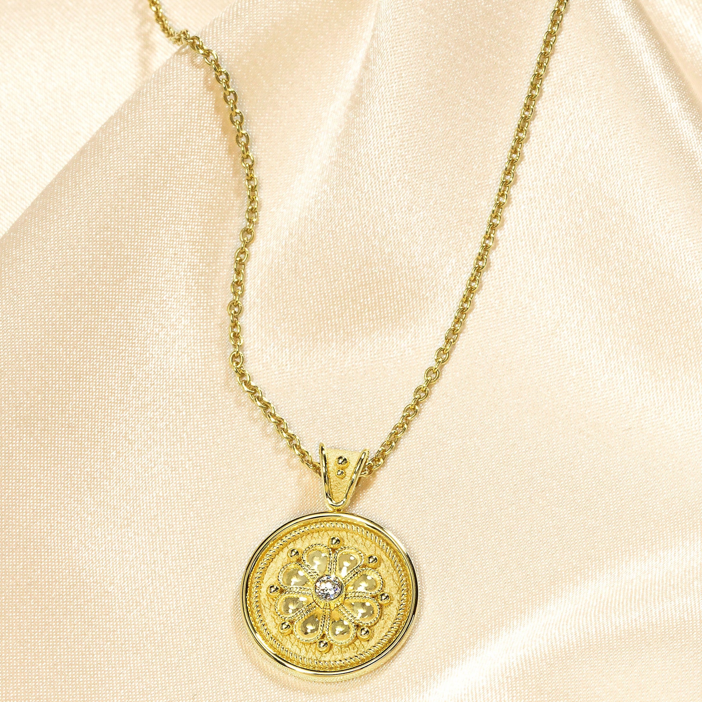 Gold Byzantine Round Flower Pendant with Diamond Odysseus Jewelry