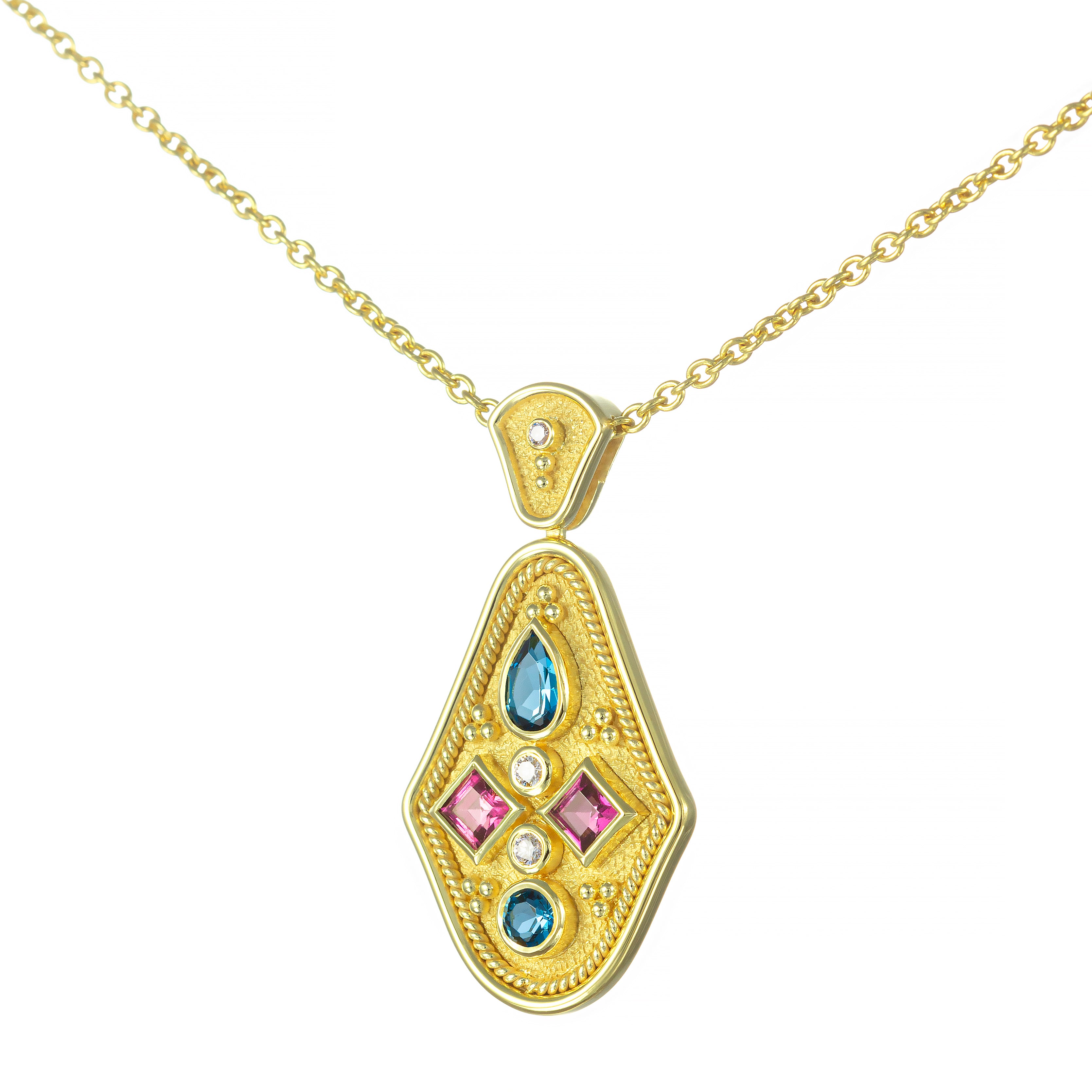 Gold Pendant with Rhodolites Topaz and Diamonds Odysseus Jewelry