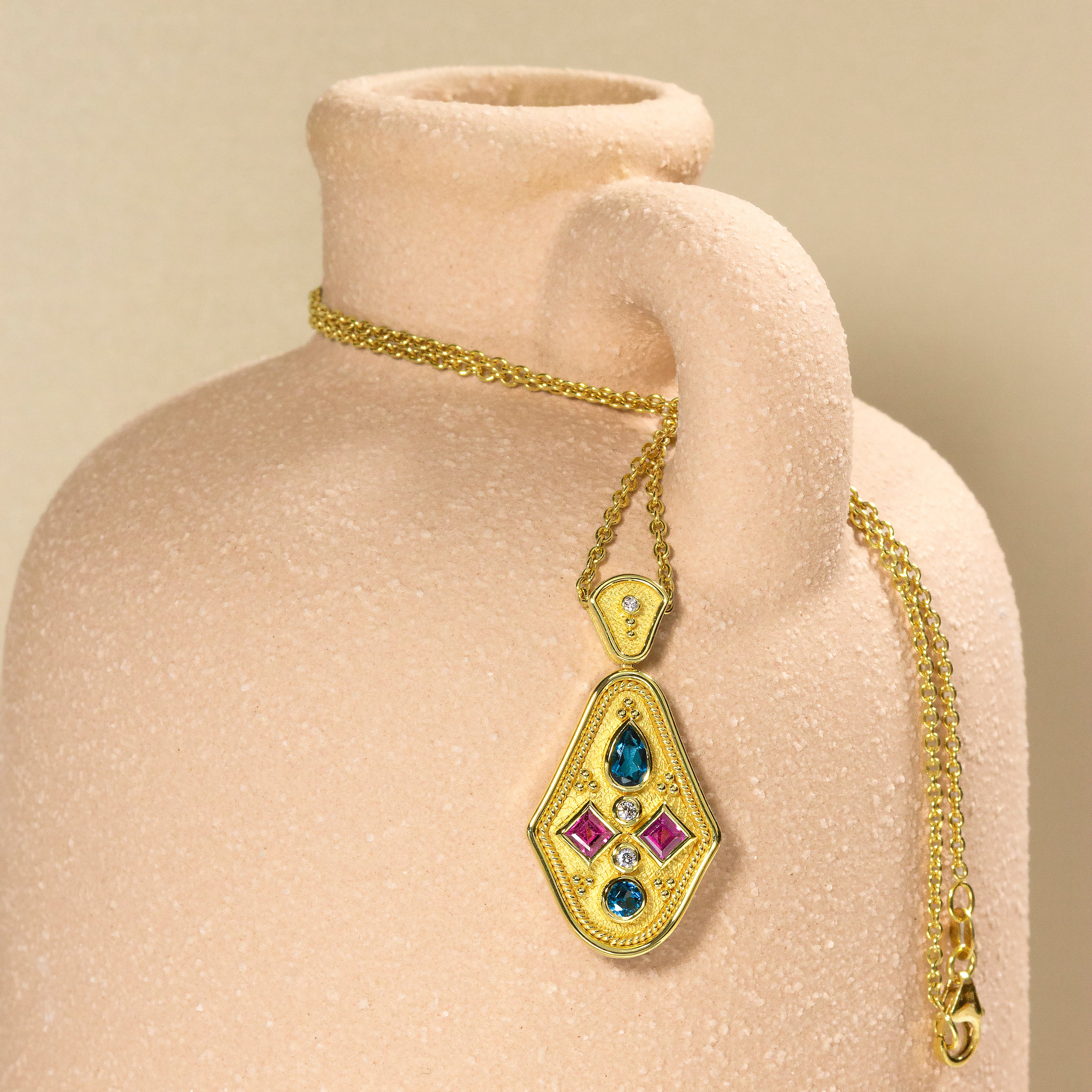 Gold Pendant with Rhodolites Topaz and Diamonds Odysseus Jewelry