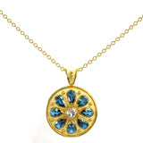 Gold Round Pendant with London Topaz and Moissanite