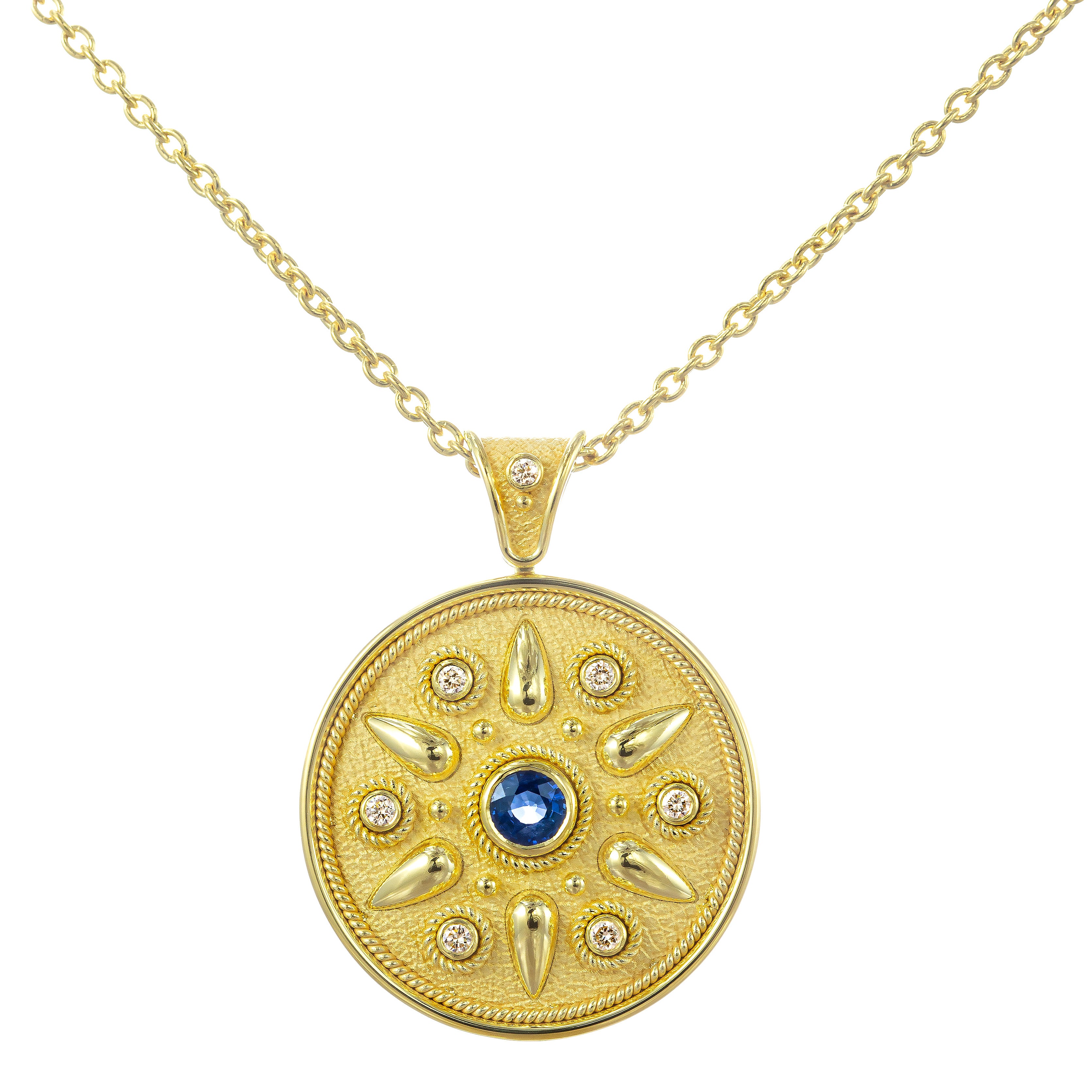 Gold Round Pendant with Sapphire and Diamonds Odysseus Jewelry