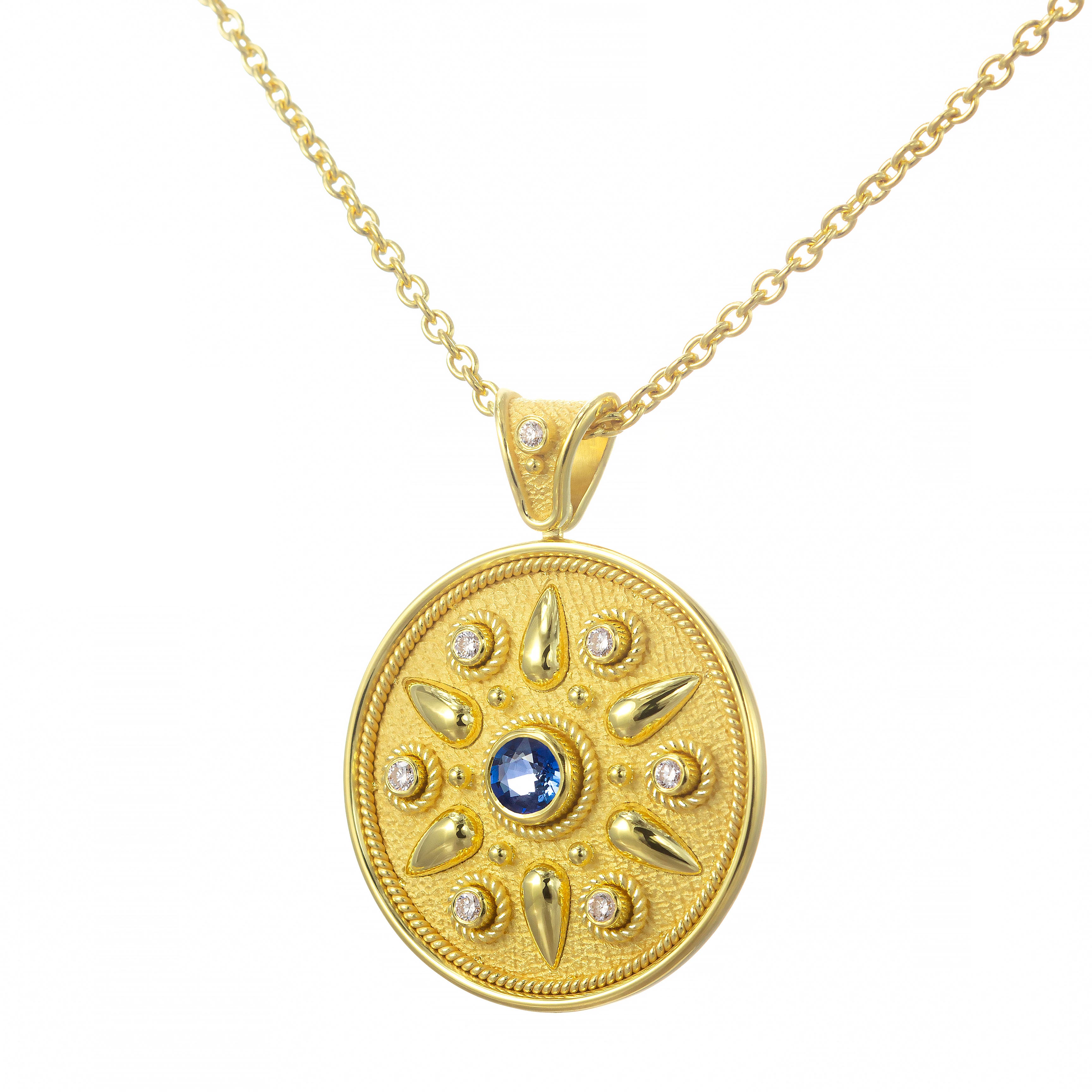 Gold Round Pendant with Sapphire and Diamonds Odysseus Jewelry