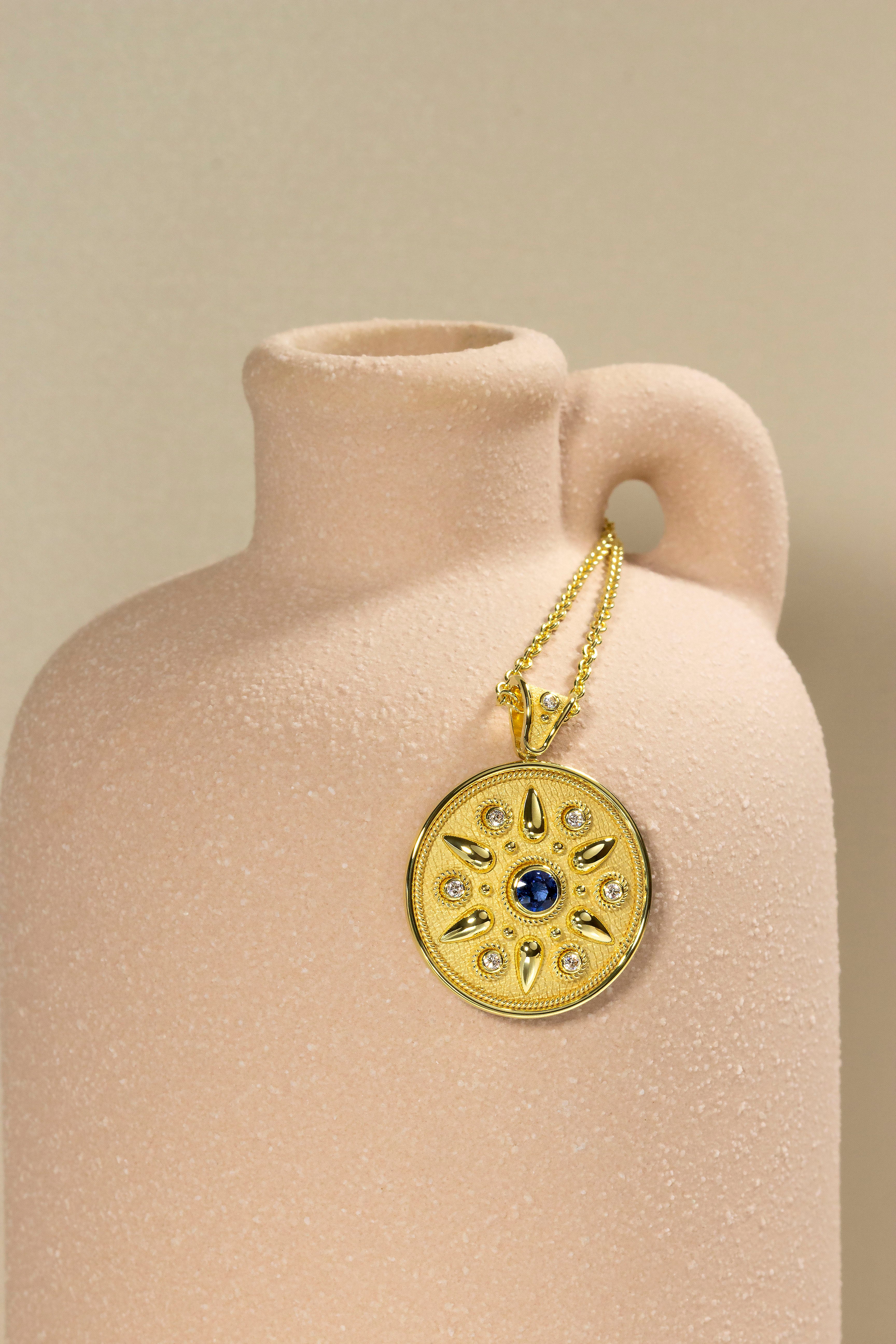 Gold Round Pendant with Sapphire and Diamonds Odysseus Jewelry