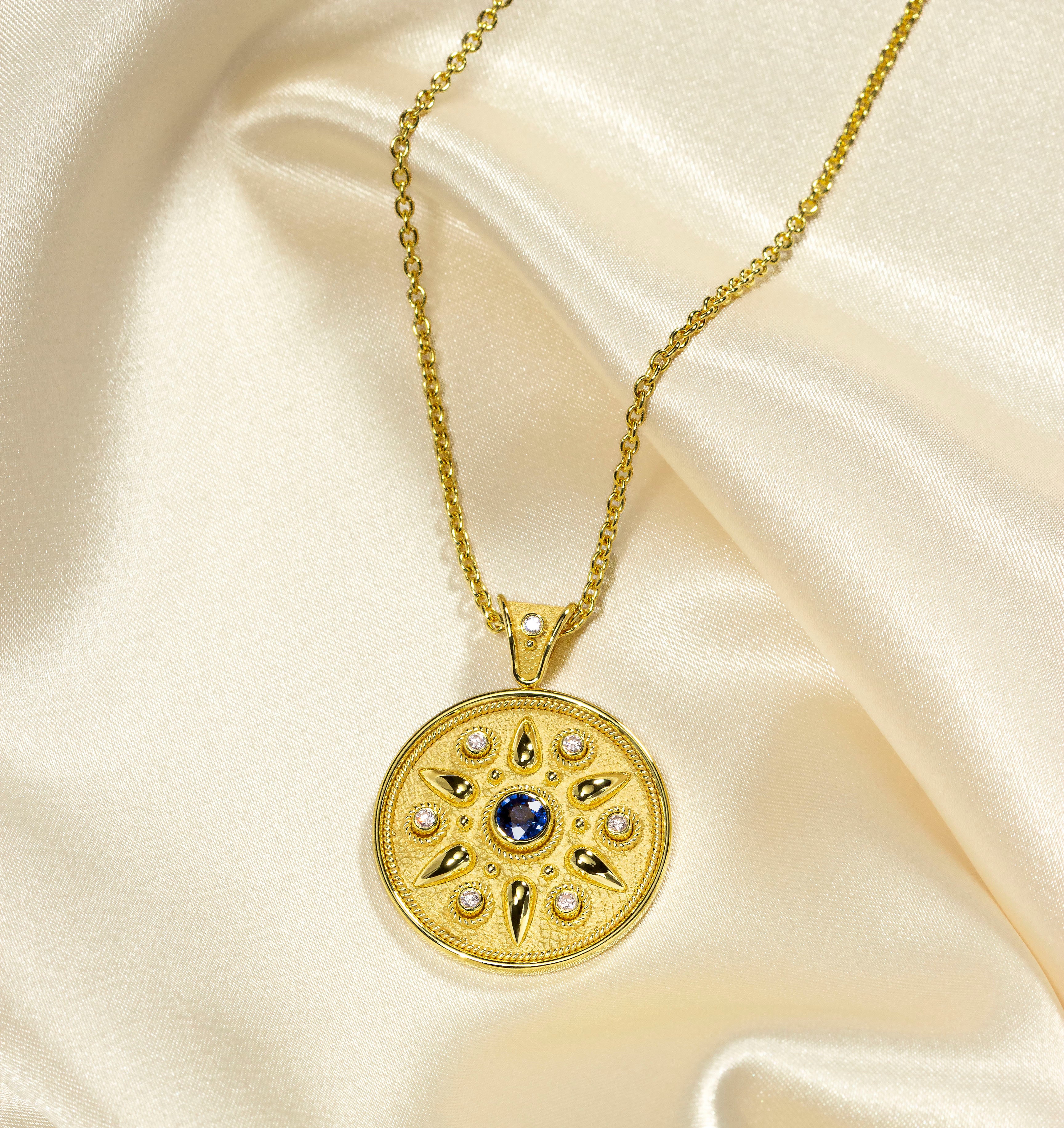 Gold Round Pendant with Sapphire and Diamonds Odysseus Jewelry