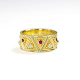 Gold Triangle Motif Ring with Rubies and Diamonds Odysseus Jewelry