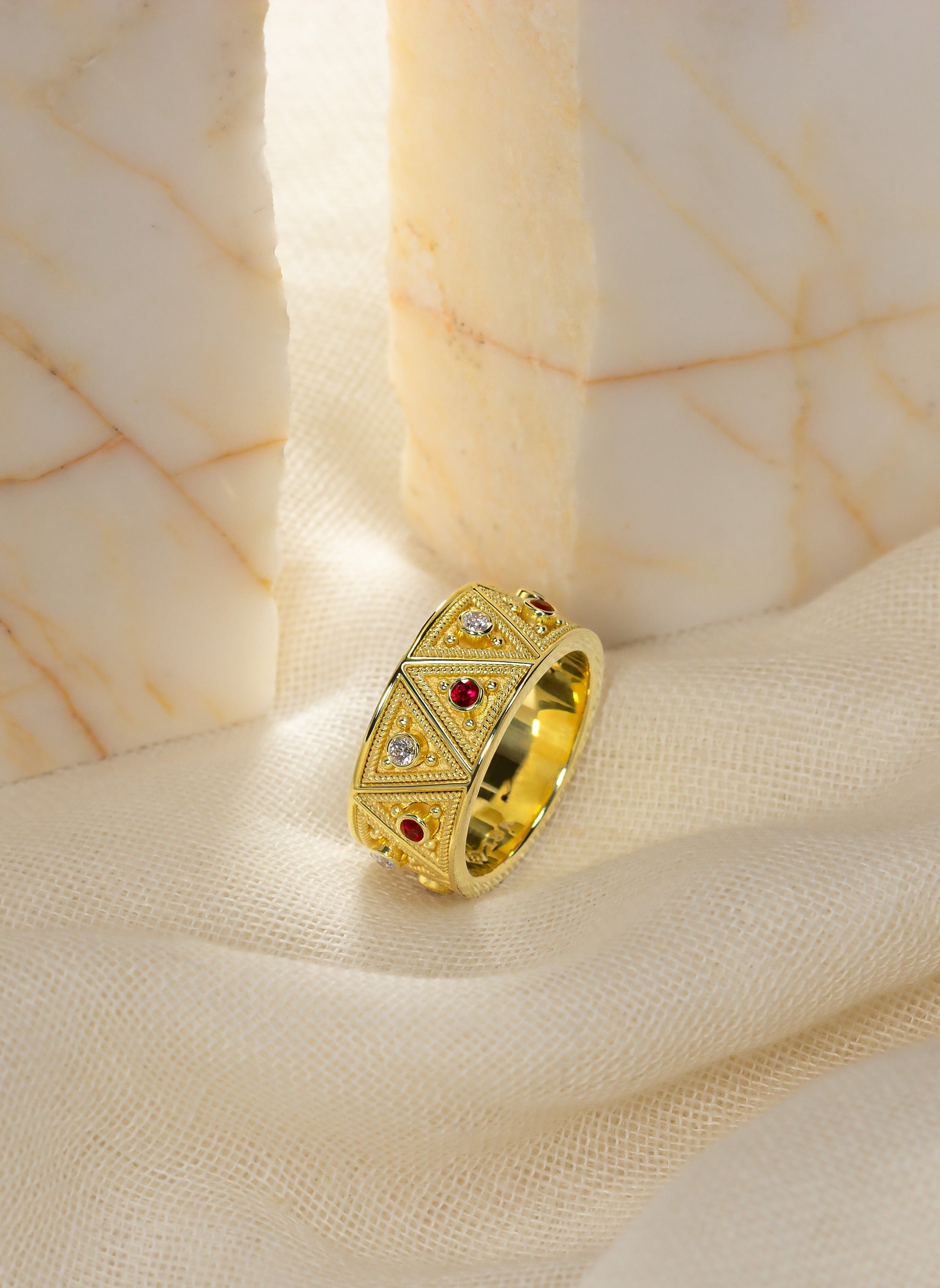 Gold Triangle Motif Ring with Rubies and Diamonds Odysseus Jewelry