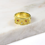 Gold Triangle Motif Ring with Rubies and Diamonds